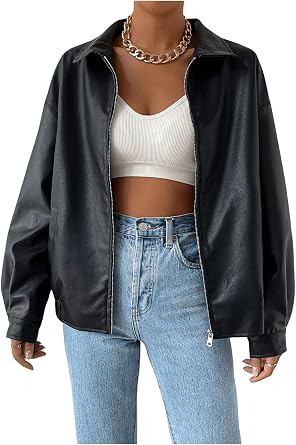 MakeMeChic Women's Faux Leather Shacket Long Sleeve Zip Up Motorcycle Jacket Biker Coat