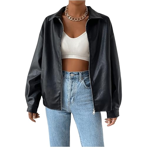 MakeMeChic Women's Faux Leather Shacket Long Sleeve Zip Up Motorcycle Jacket Biker Coat