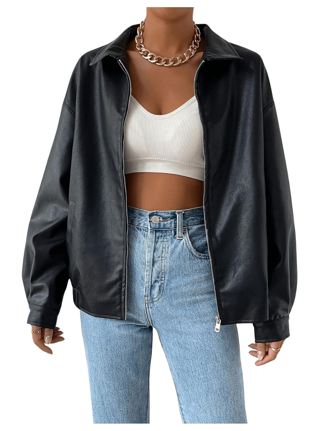 MakeMeChic Womens Faux Leather Shacket Long Sleeve Zip Up Motorcycle Jacket Biker Coat