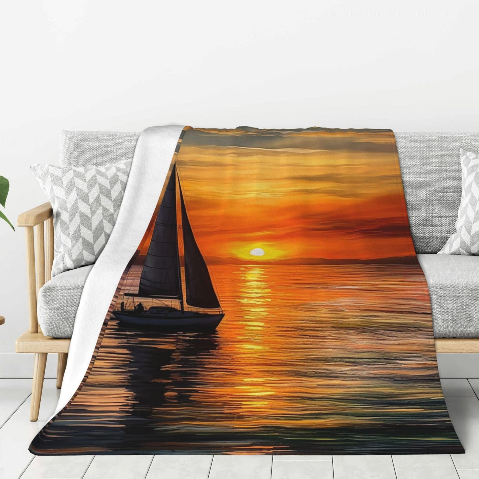 Sunrise Sailing Boat Throw Blanket Plush Flannel Fleece Blanket, Soft Lightweight Cozy Blankets 40"X30" for Bed Couch Sofa Travel