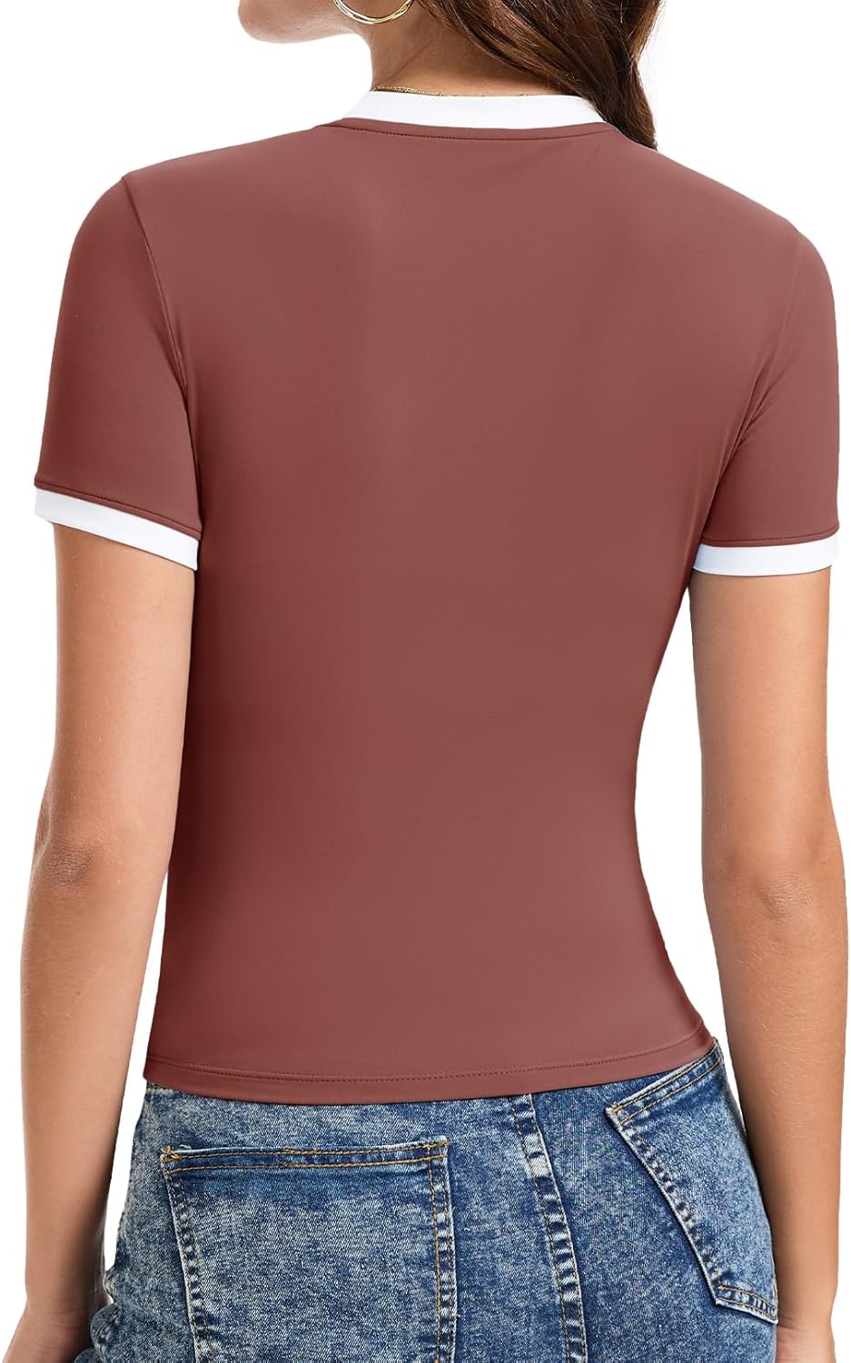 YUCOLEN Women's Short Sleeve Shirts Crew Neck Color Block T Shirt 2025 Summer Crop Tops Slim Fit Basic Tee Tops - Image 2