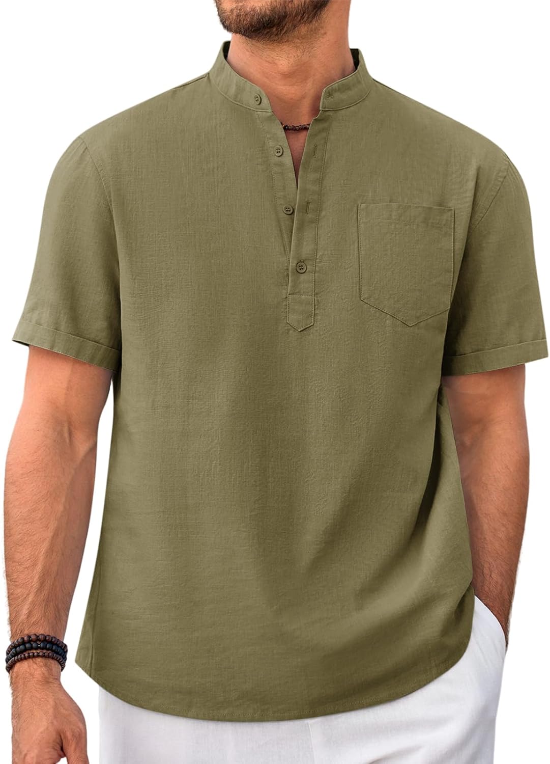 Beotyshow Men 100% Cotton Linen Henley Shirt Casual Short Sleeve Summer T Shirt Pocket Button Tee Top Beach Hippie Shirt