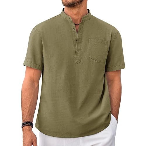 Beotyshow Men 100% Cotton Linen Henley Shirt Casual Short Sleeve Summer T Shirt Pocket Button Tee Top Beach Hippie Shirt