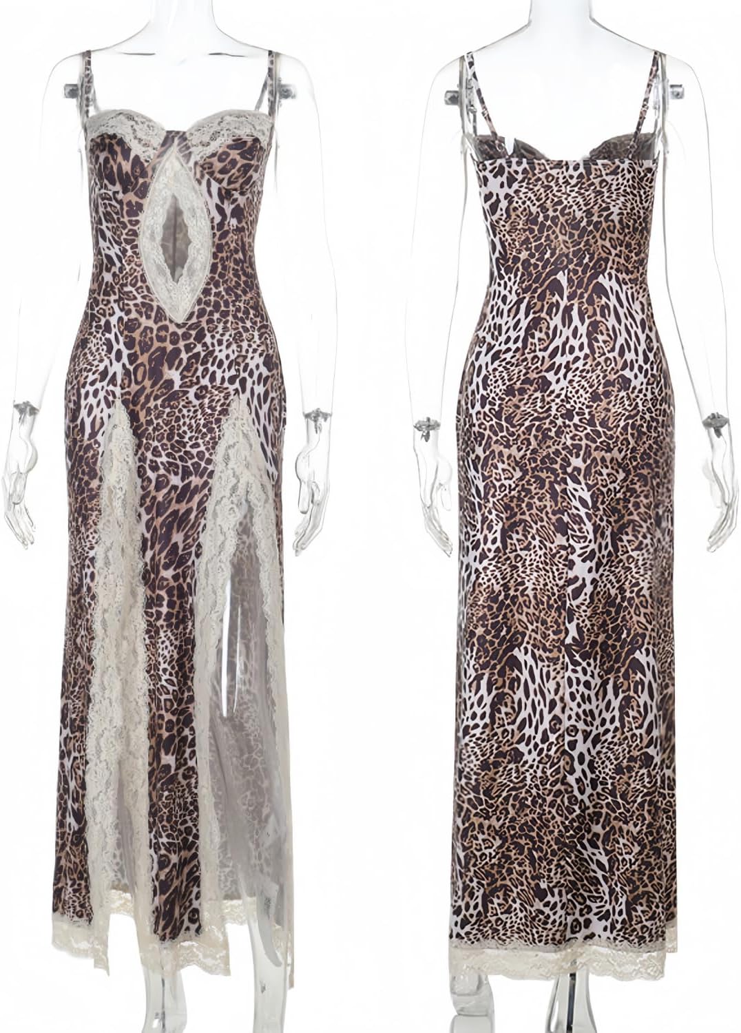 RARITYUS Women’s Sexy Lace Trim Leopard Maxi Dress High Slit Cutout Bodycon Dress Elegant Spaghetti Strap Party Dresses