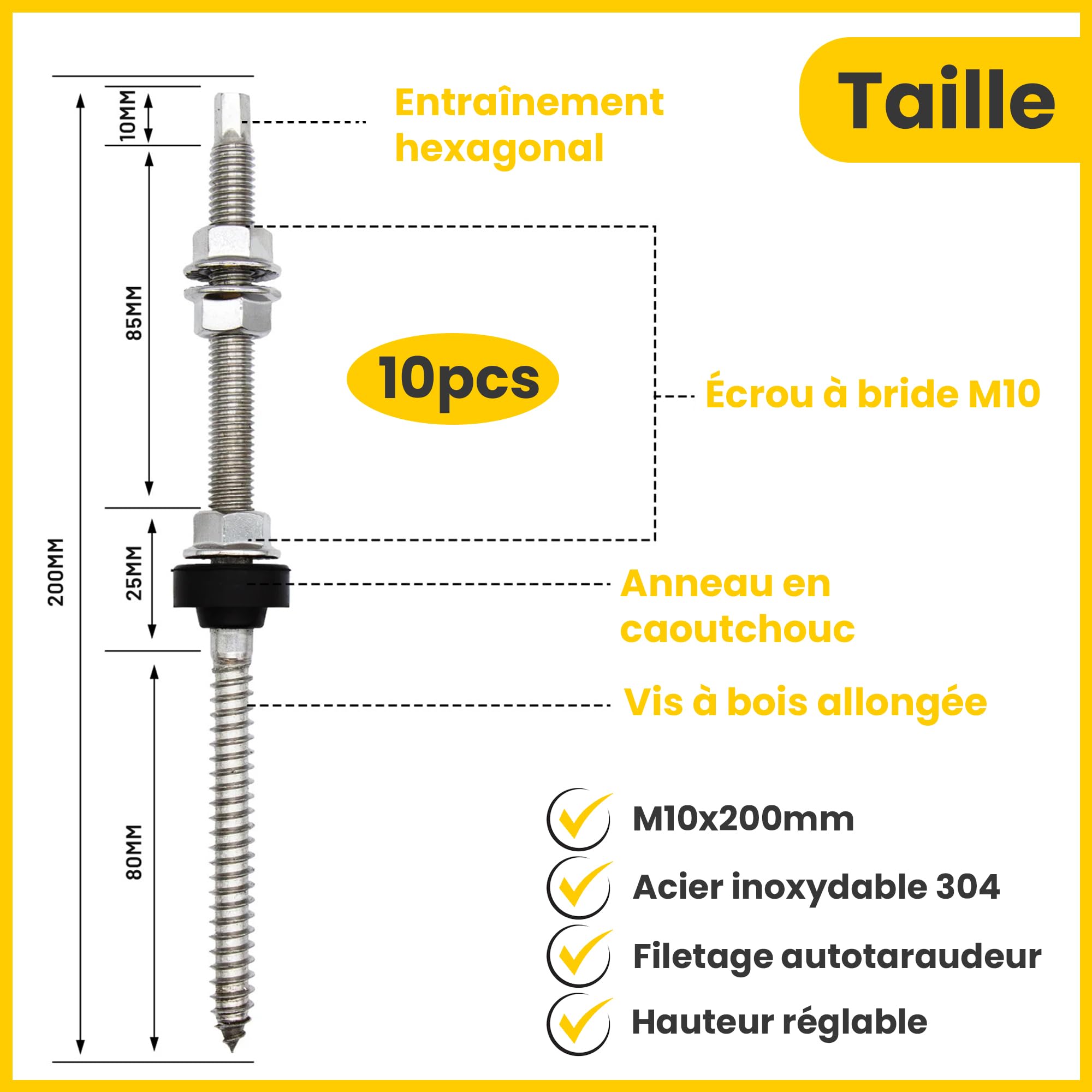 Offgridtec Lot de 10 vis à double filetage M10 x 200 en acier inoxydable avec plaque d'adaptation et joint en caoutchouc EPDM