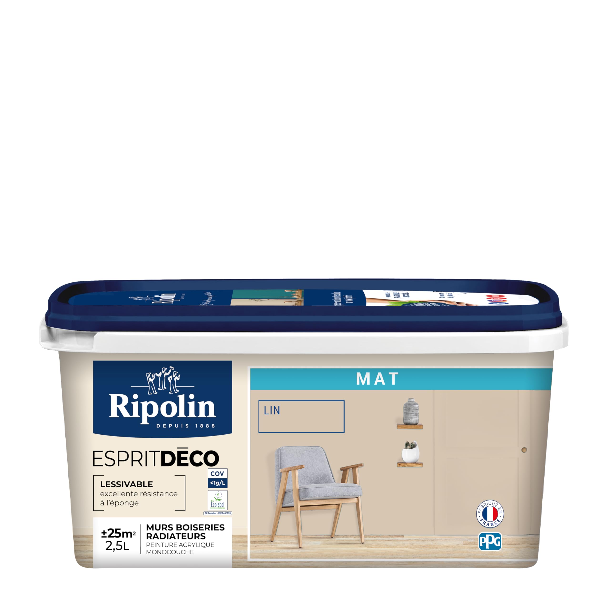 RIPOLIN - Peinture Intérieure Multi-​Supports – Murs, Boiseries & Radiateurs – Ultra Couvrante – Lessivable – Application Facile – Ecolabel - Aspect Mat - 2,​5L - Lin