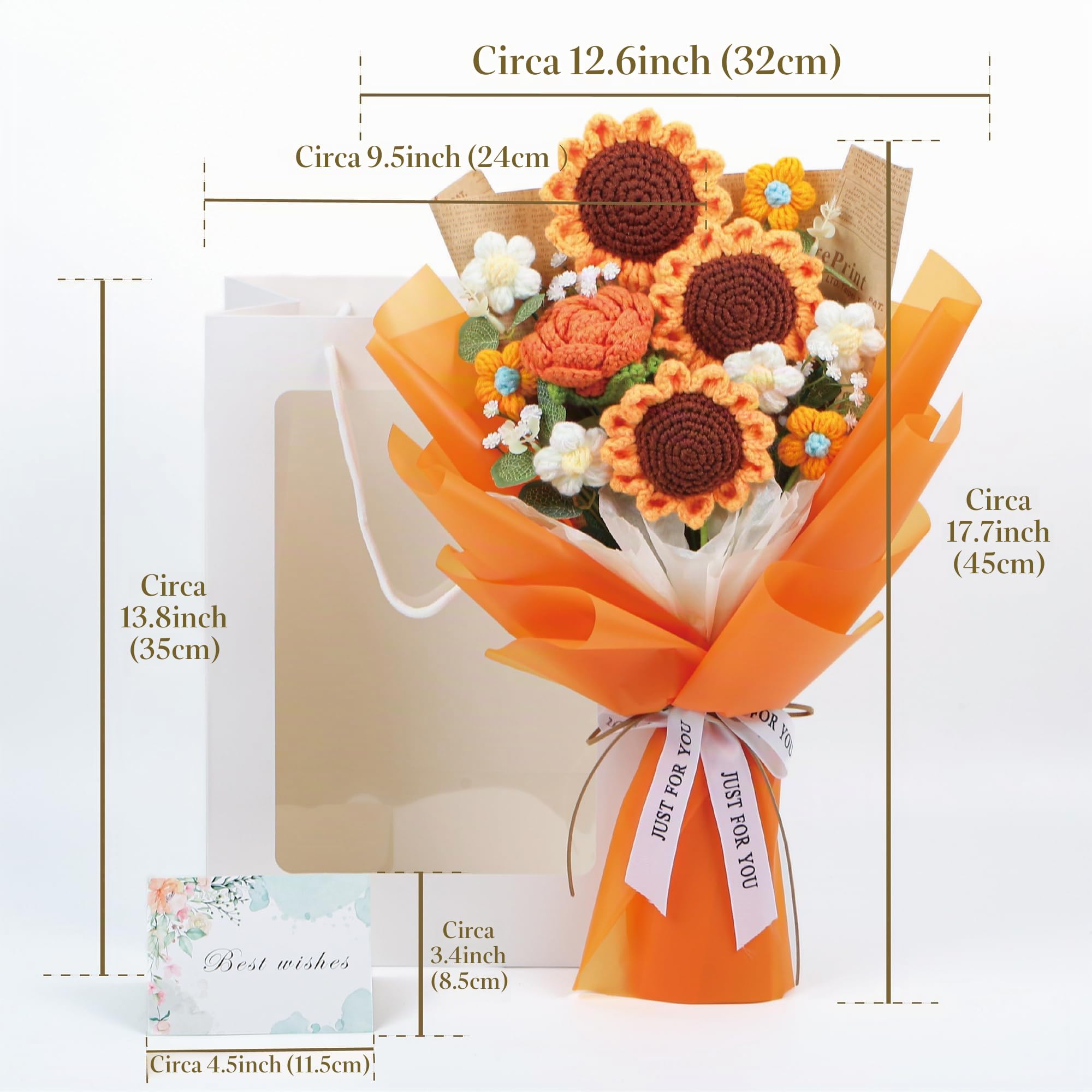 EZsenses Fiori all'uncinetto fatti a mano - Bouquet di fiori all'uncinetto completato per decorazioni casa, festa della mamma, matrimonio - Fiori artificiali lavorati a maglia, girasole - Elegante
