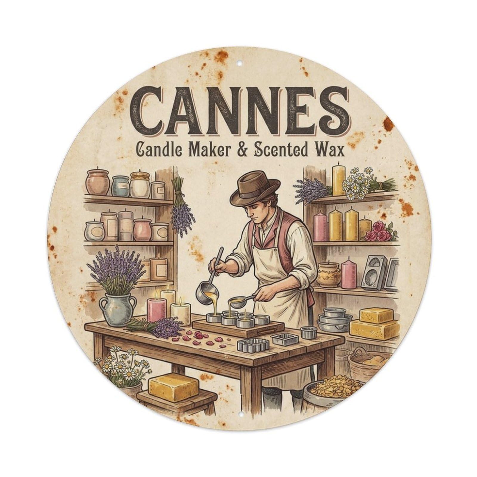 Candle Maker Scented Wax Scenic Travel Cannes Riviera Metal Tin Sign