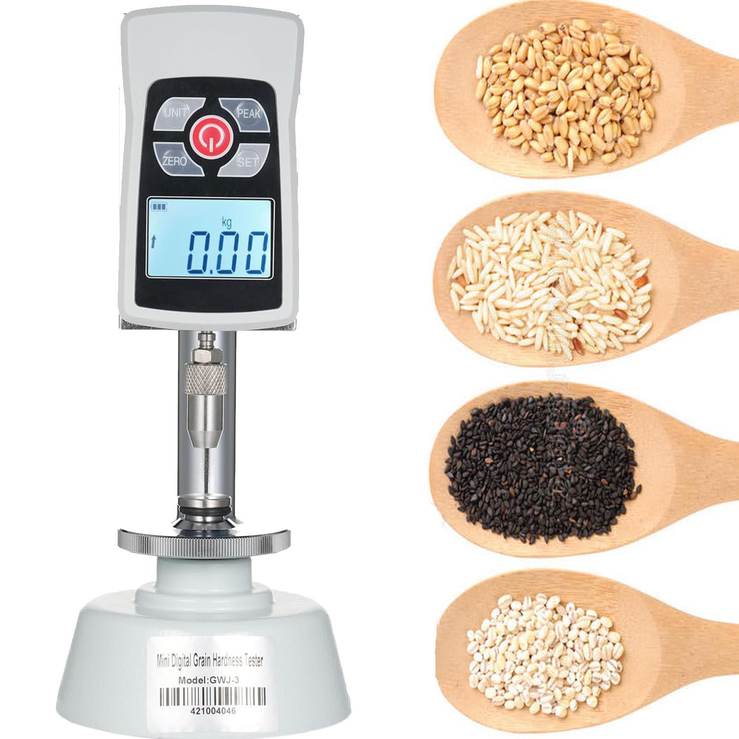 Mini durometro digitale di durezza del grano, 3 modalità di misurazione, capacità di carico 20 kg, include 2 tabelle di regolazione dell'altezza per test accurati del grano