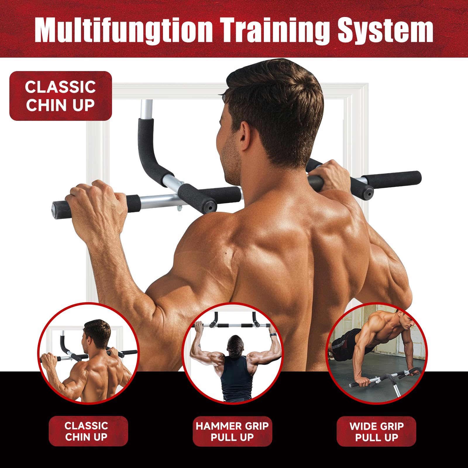 leikefitness Pull-Up Bar For Door Frame, przenośny Multi 3 Grips Doorway Grip Chin Up Bar do domu, instalacja bez wiercenia, gruba stal, Heavy Duty Hook Bar (srebrny)
