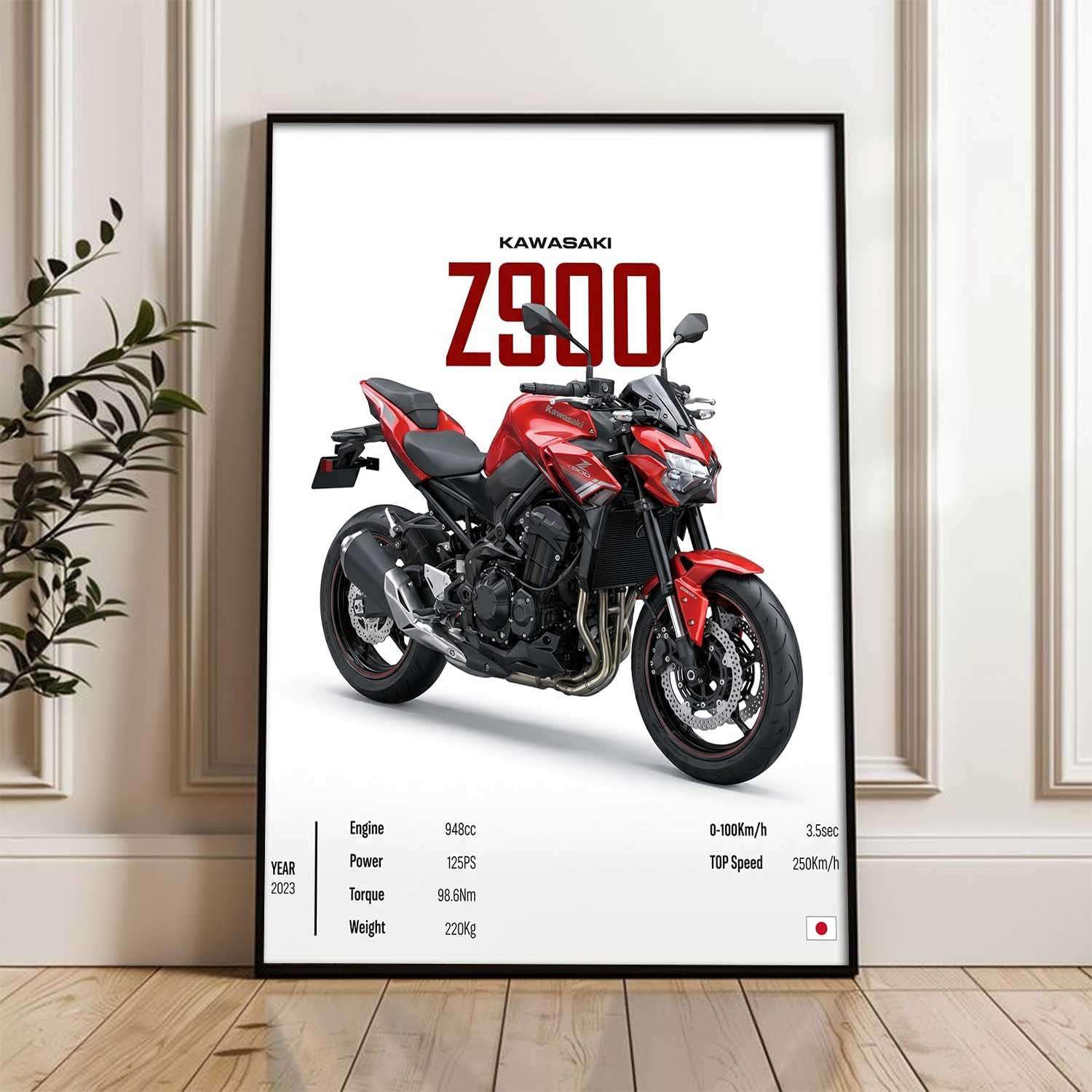 カメックス　ポスター Kawasaki Z900 Red Poster with Wooden Frame | Black 10x13 Inch