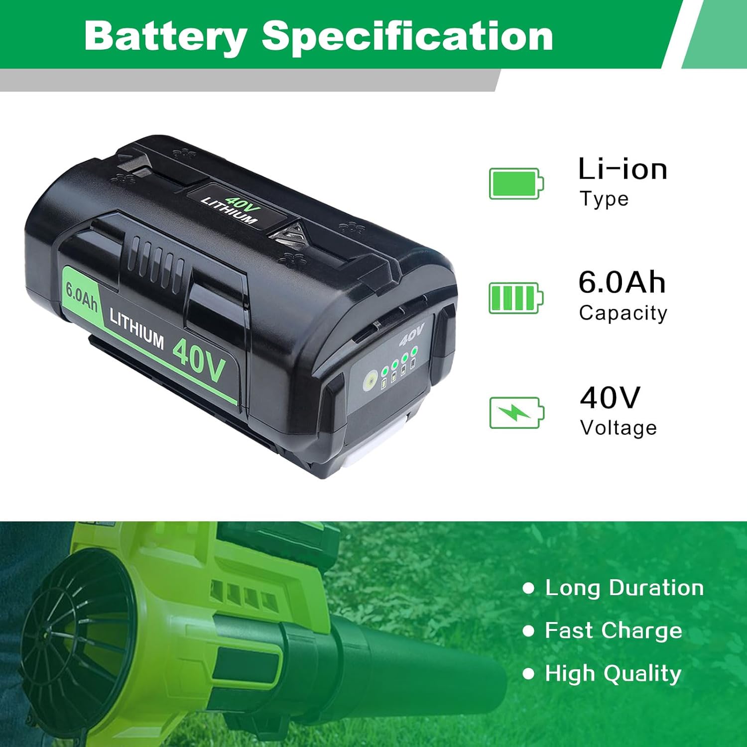 EOTTK 6.0Ah Replacement for Ryobi 40V Battery OP4050 OP4060