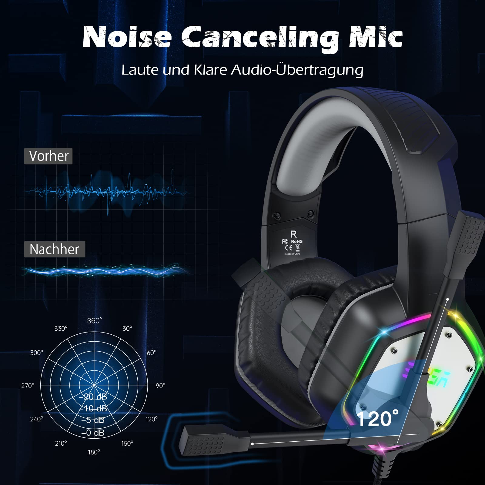 EKSA E1000 USB Cuffie Gaming per PC, Cuffie PS5 con Microfono，Cuffie da Gaming ENC Cancellazione del Rumore,Wired Headset with Mic Suono Surround 7.1,RGB Black