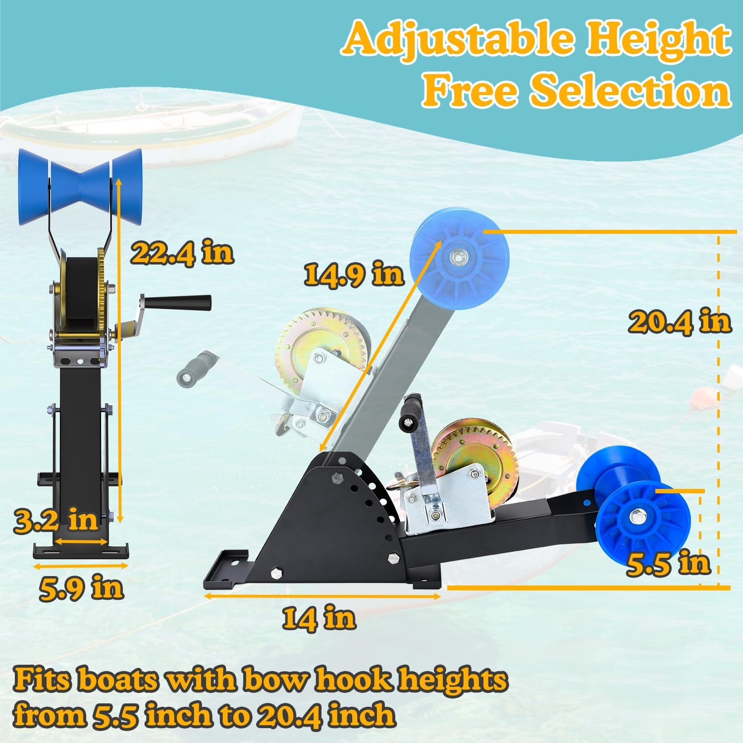 Adjustable Winch Stand with Roller, Boat Winch Mount/Boat Trailer Winch Stand with Towing Winch for 3" to 4" W x 4" H Trailer Tongue, Boat Trailer Winch Post/Boat Winch Stand