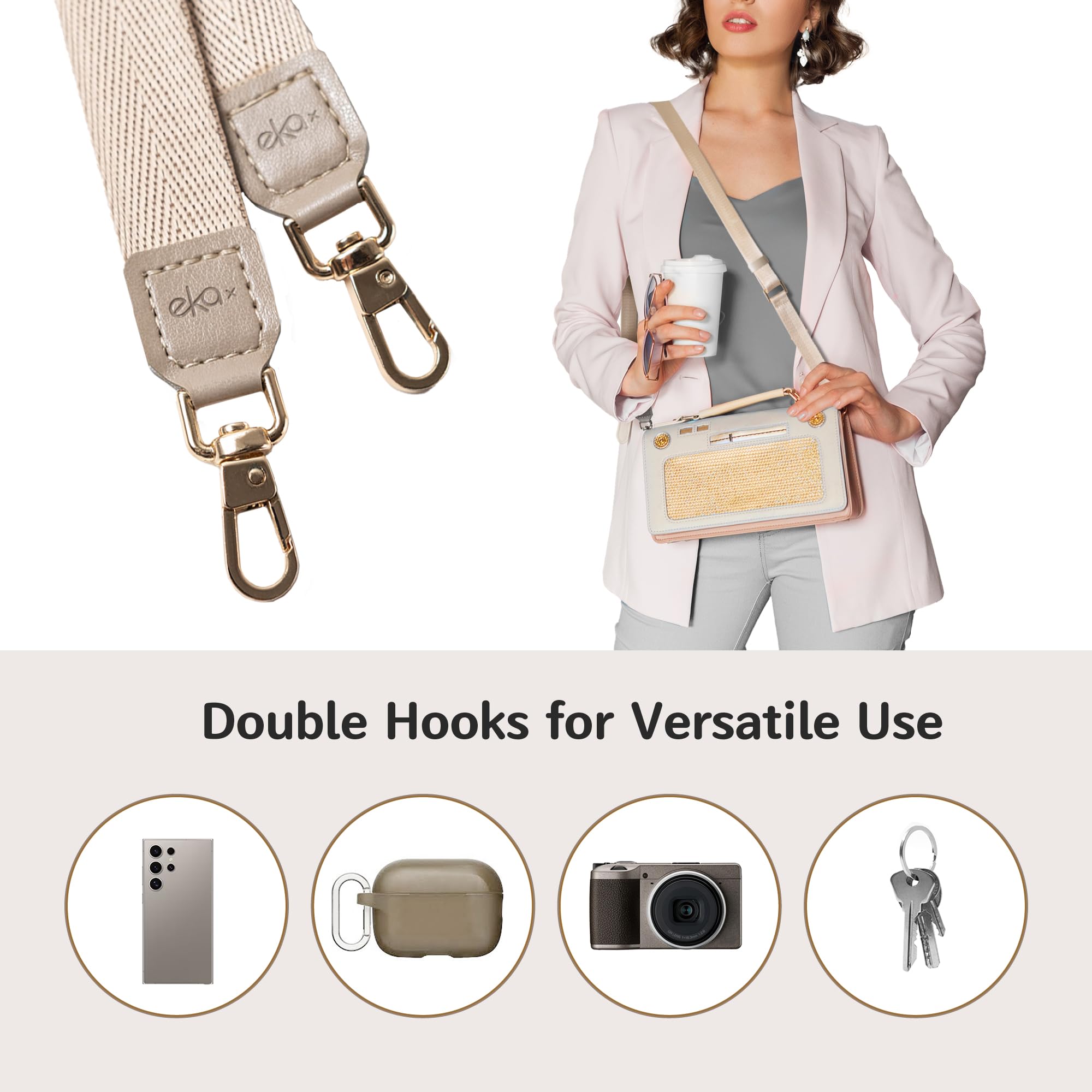 EKAX Universal-Handy-Umhängeband, 2 x verstellbare Doppelhakenriemen, 2 x klebstofffreie Haltegurte, Halshalter für Hüllen (Beige + Schwarz)