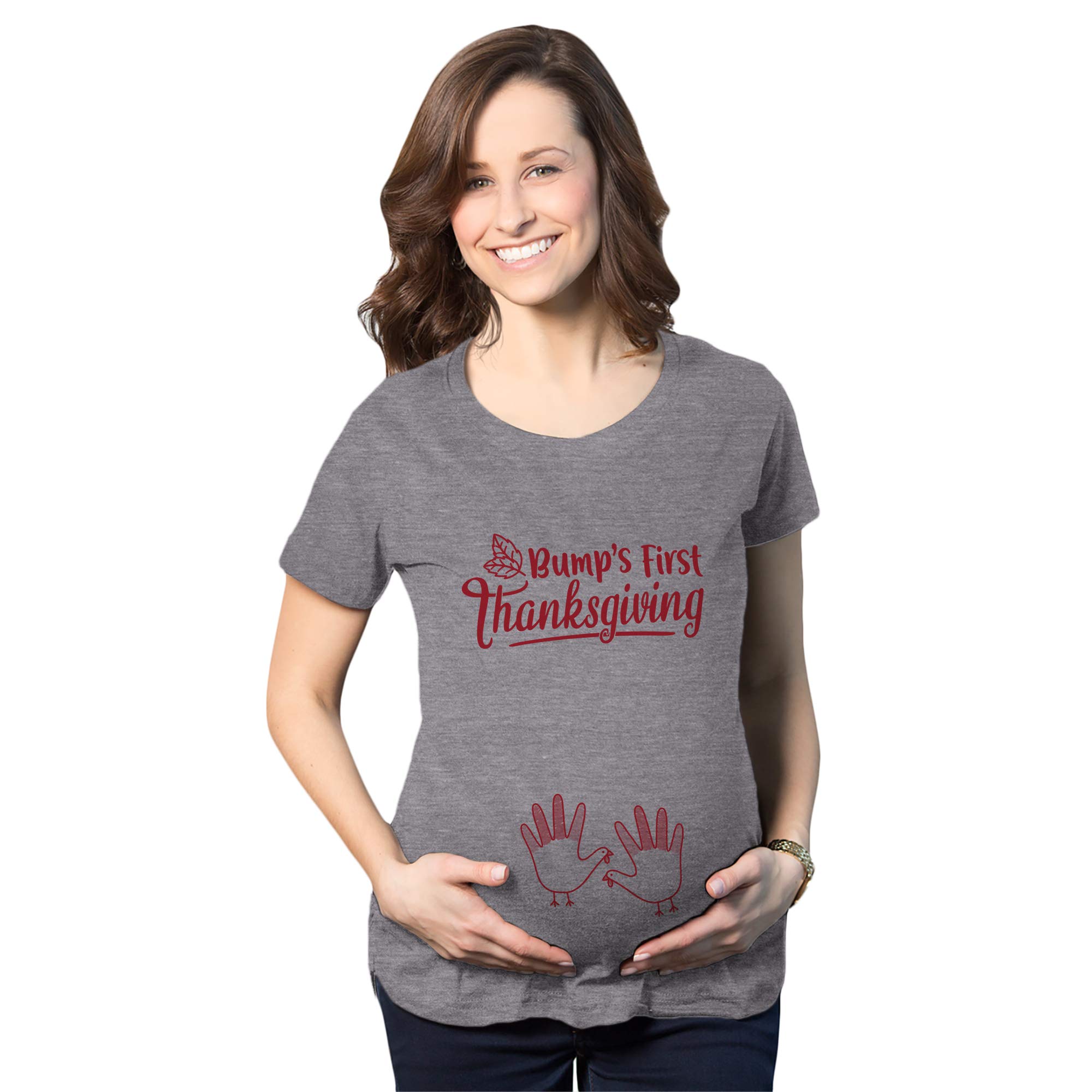 Crazy Dog T-ShirtsMaternity Bump's First Thanksgiving Tshirt Cute Funny Turkey Day Pregnancy Tee, Dark Heather Grey, S