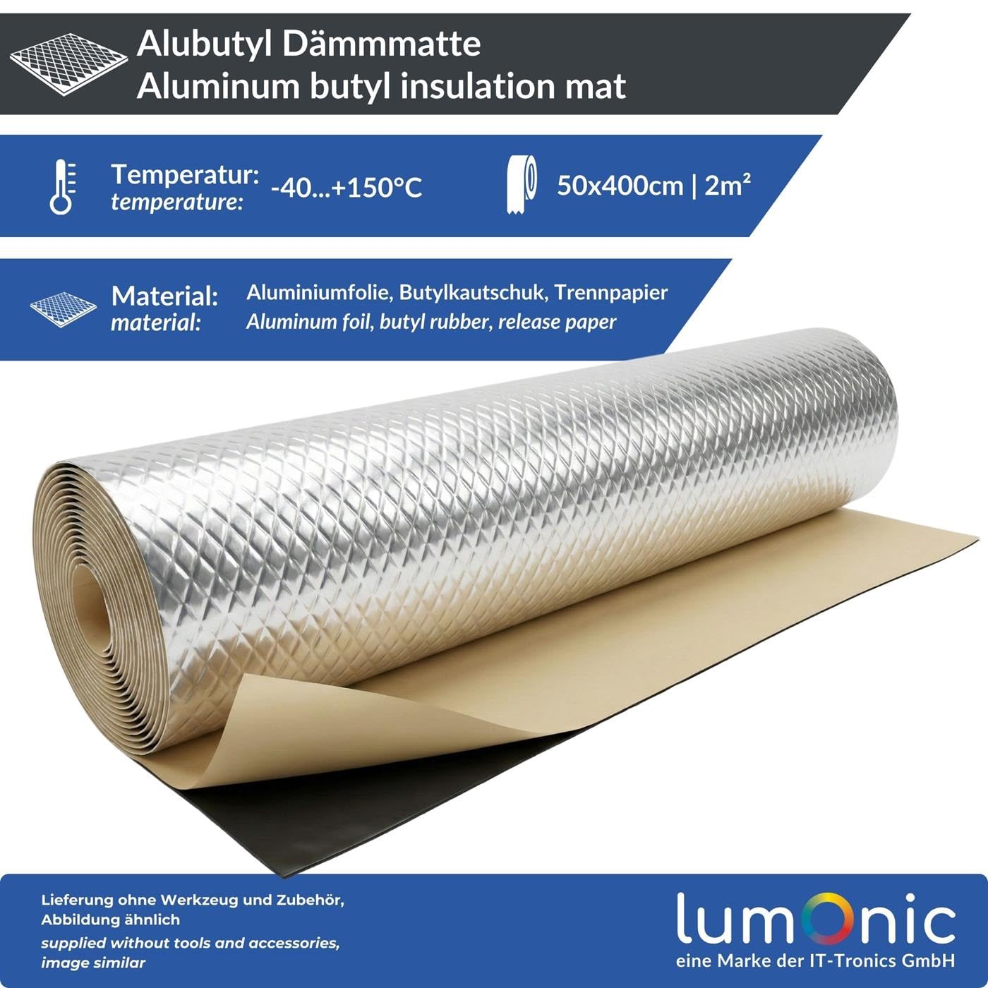 Lumonic Alubutyl 2mm Dämmmatte 2m² | Schalldämmung, Schallschutz für KFZ | 50x400cm Selbstklebend | Anti Dröhn Matte | 100% Butyl kein Bitumen | Geruchsneutral