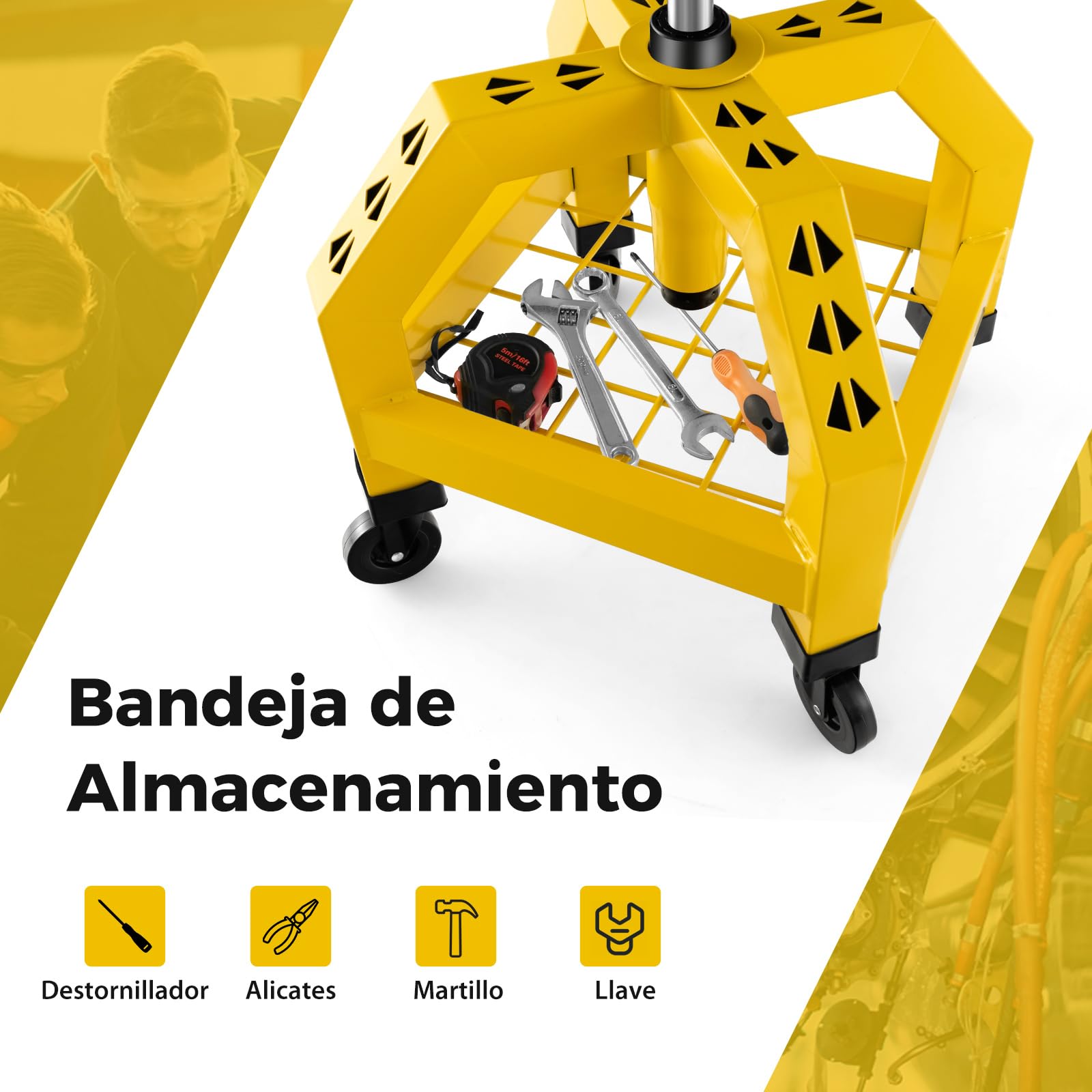 COSTWAY Taburete de Taller Rodante, Asiento de Mecánica Ajustable en Altura con Bandeja para Herramientas y 4 Ruedas Universales, Capacidad de 150 Kg, para Fábrica, Garaje y Taller (Amarillo)