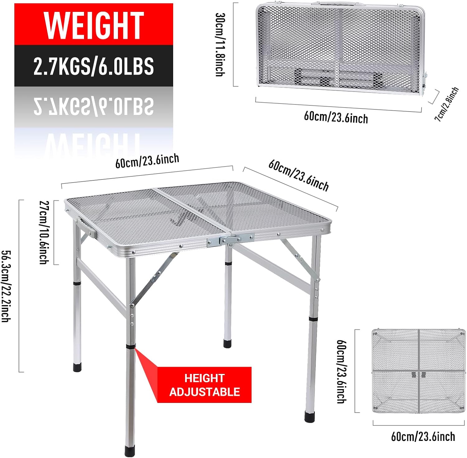 Folding Square Table - 23.6'' x 23.6'' BBQ & Camping Table with Carry Handle