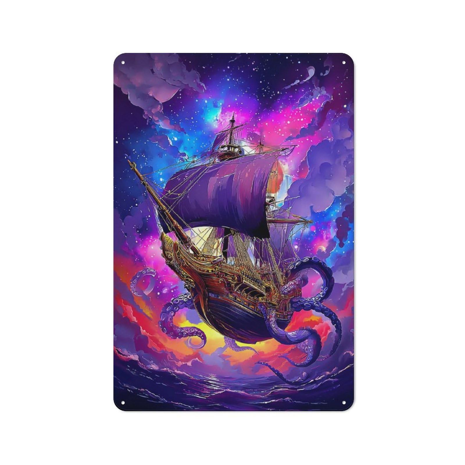 Junmoney Octopus Ship In Fantasy Sky Metal Wall Plaque 30X20cm, Everyday Small Space Decor For Flat, Dorm Room, Lounge Or Cafe