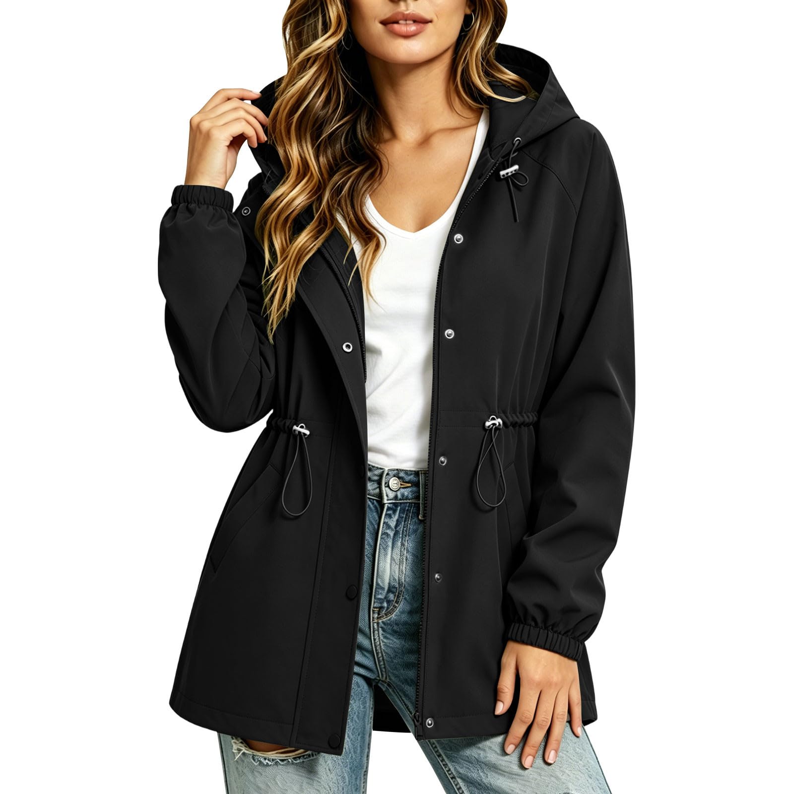 Chaqueta impermeable de mujer con capucha cortavientos casual color sólido 7