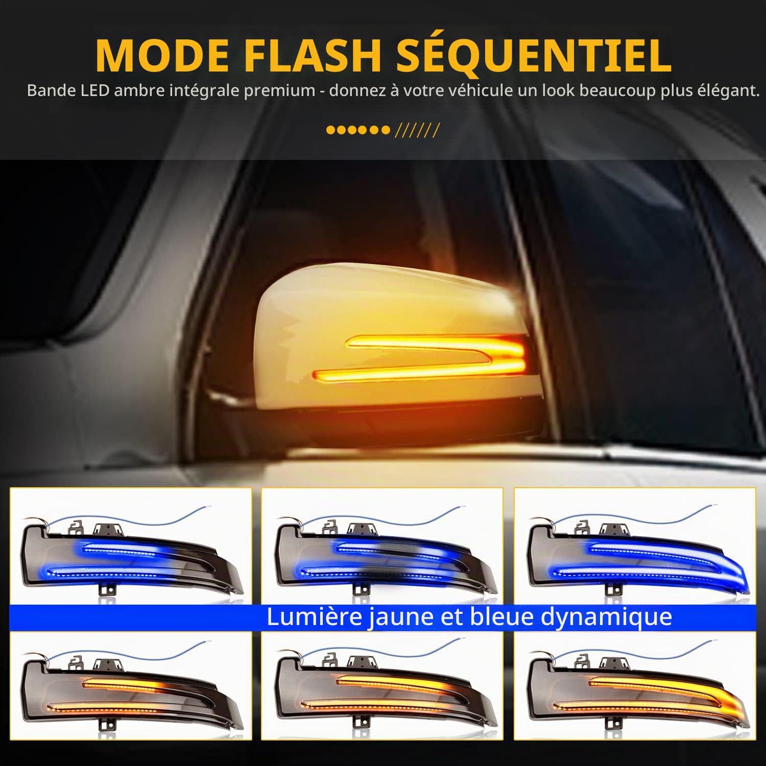 Paire de Clignotants Auto, Clignotants Séquentiels Pour Rétroviseur Latéral Compatible avec Mercedes-Benz W176 W246 W204 W212 W221 CLA C117 X156 X204 W218,Jaune-Bleu,2 Pièces
