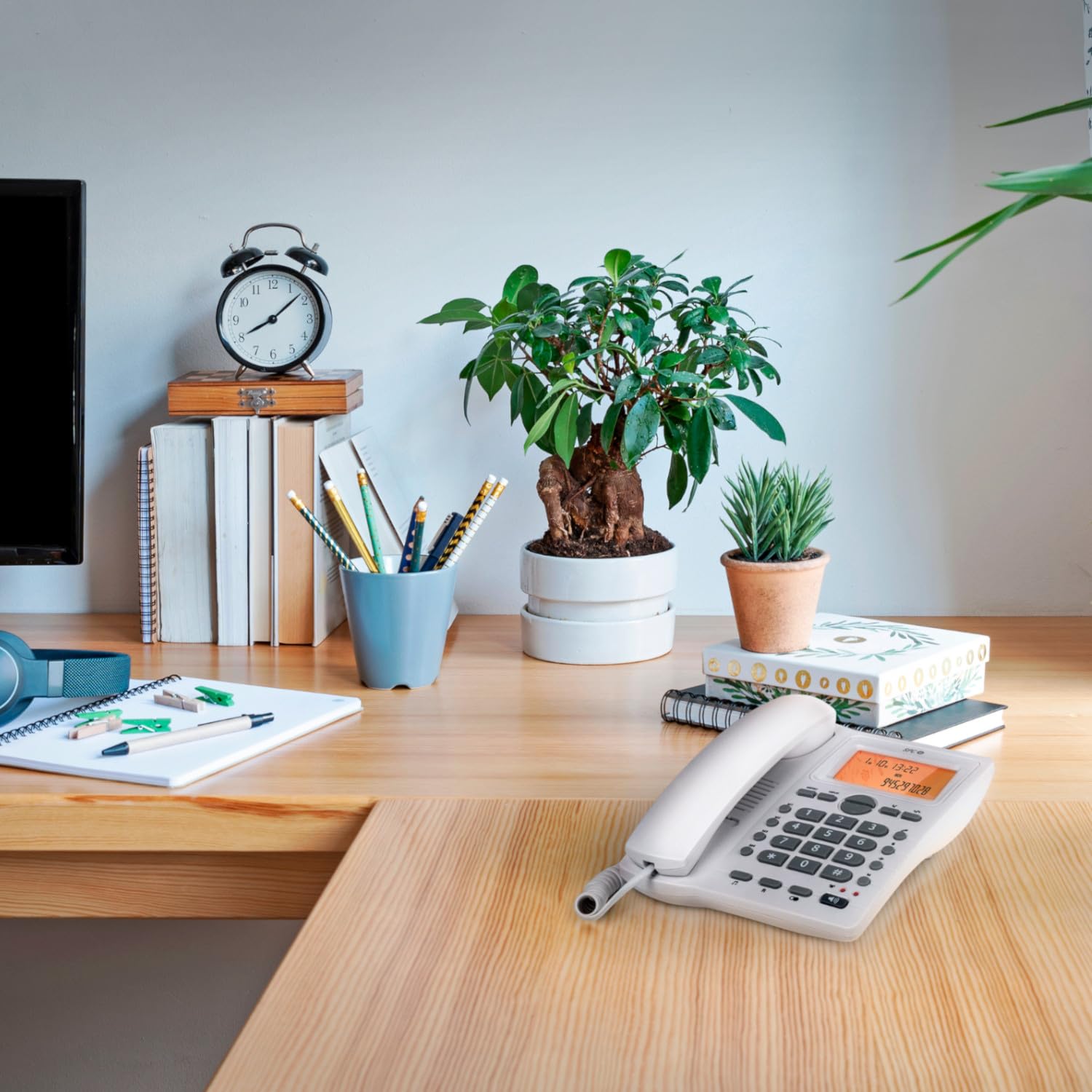 SPC Office ID 2 - Festnetztelefon mit beleuchtetem Display, 4 Direktspeichern und 10 indirekten Speichern, 2 Ruftonstufen, Anrufer-ID, Lichtsignal, Freisprechfunktion, Tisch- oder Wandmontage – Weiß