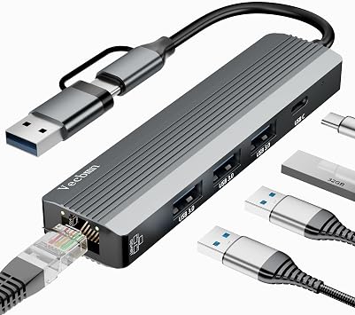 5 In 2 USB C Hub Ethernet 1000M, USB to Ethernet Adapter with 3 USB 3.0, USB C Port, USB-A Port, RJ45 Gigabit LAN Network Adaptor for MacBook, Surface, Laptops with Windows, XP, Vista, Mac/Linux