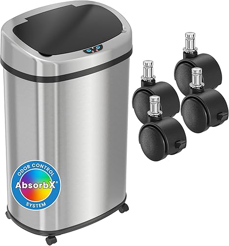 iTouchless Glide 13 Gallon Sensor Trash Can with Wheels and Odor Control System, Stainless Steel, Oval Shape Automatic Kitchen and Office Garbage