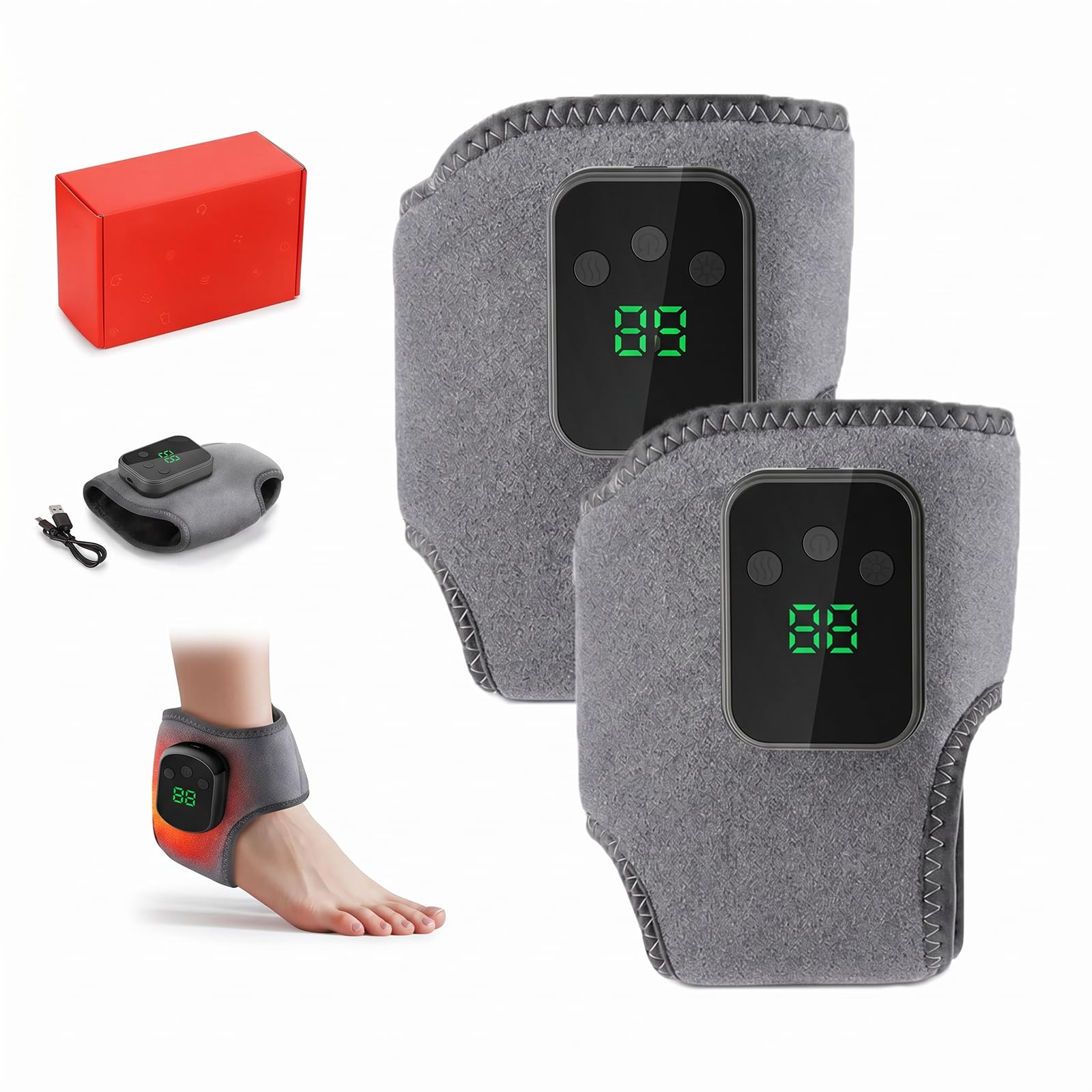 2 Piezas Masajeador de pies 3 en 1, Inalámbrico Eléctrico Masajeador Pies, con 3 Modos de Vibración, 5 Niveles de Calor, Dispositivo de Masaje para Tobillo, Talón y Planta del Pie