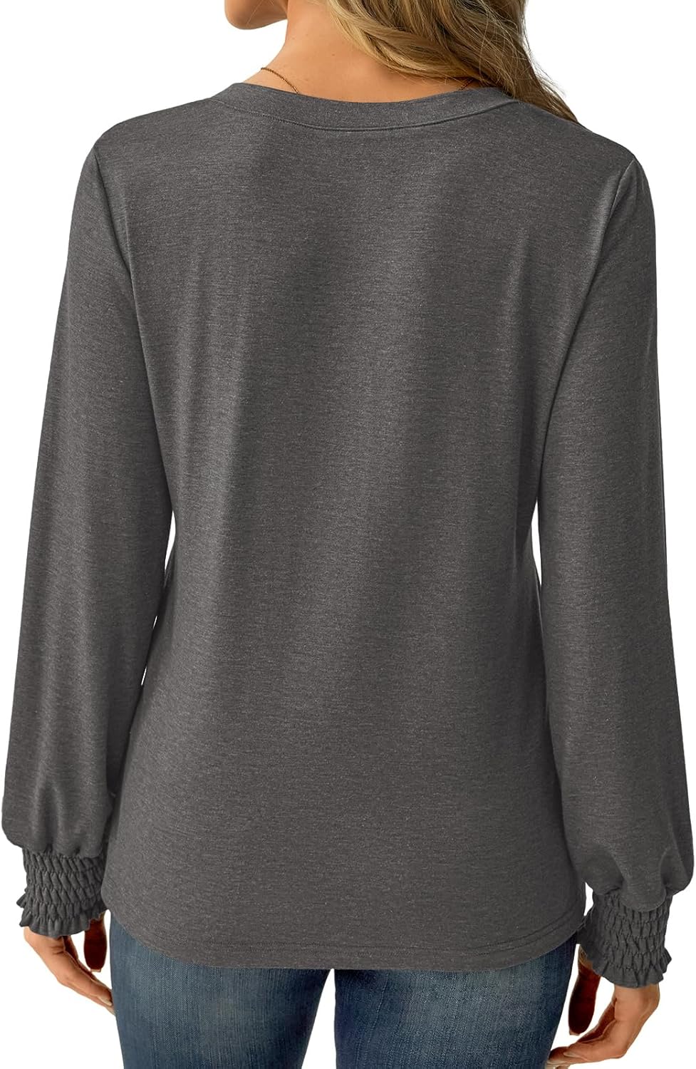 Womens Long Sleeve Shirts Fall Tops V Neck Business Dressy Casual Blouses with Smocked Cuffs - Image 4