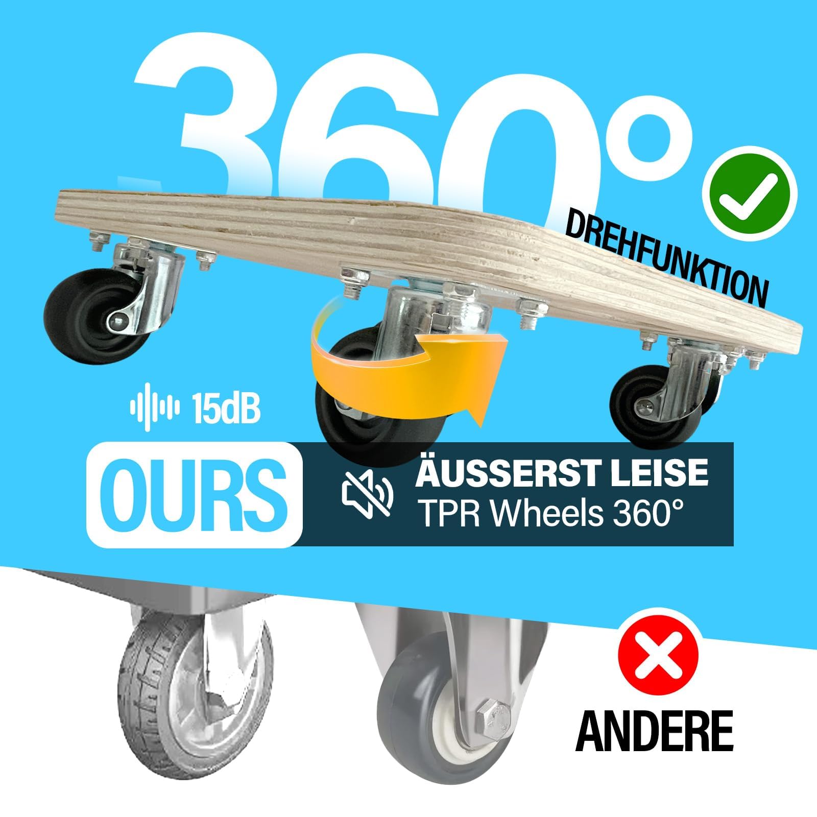 Rollbrett mit Zugseil 30×30 cm | Schwerlast-Transportroller 200 kg Tragkraft | Möbelroller & Pflanzenroller für Möbel, Kisten & Pflanzkübel | Transportbrett mit Rollen | Umzugsroller