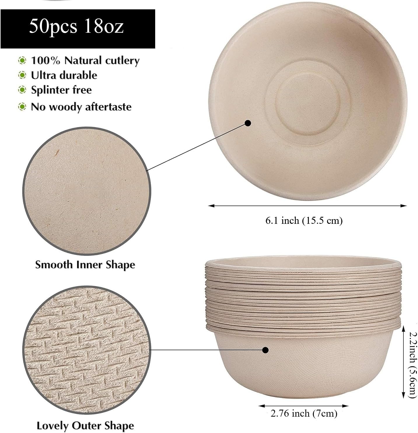 18oz Disposable Sturdy Paper Bowls, Microwave-Safe, Compostable Heat Resistant Soup Bowl, Biodegradable Bagasse Hot Food Plates and Bowls - Natural Brown [50 Pack]