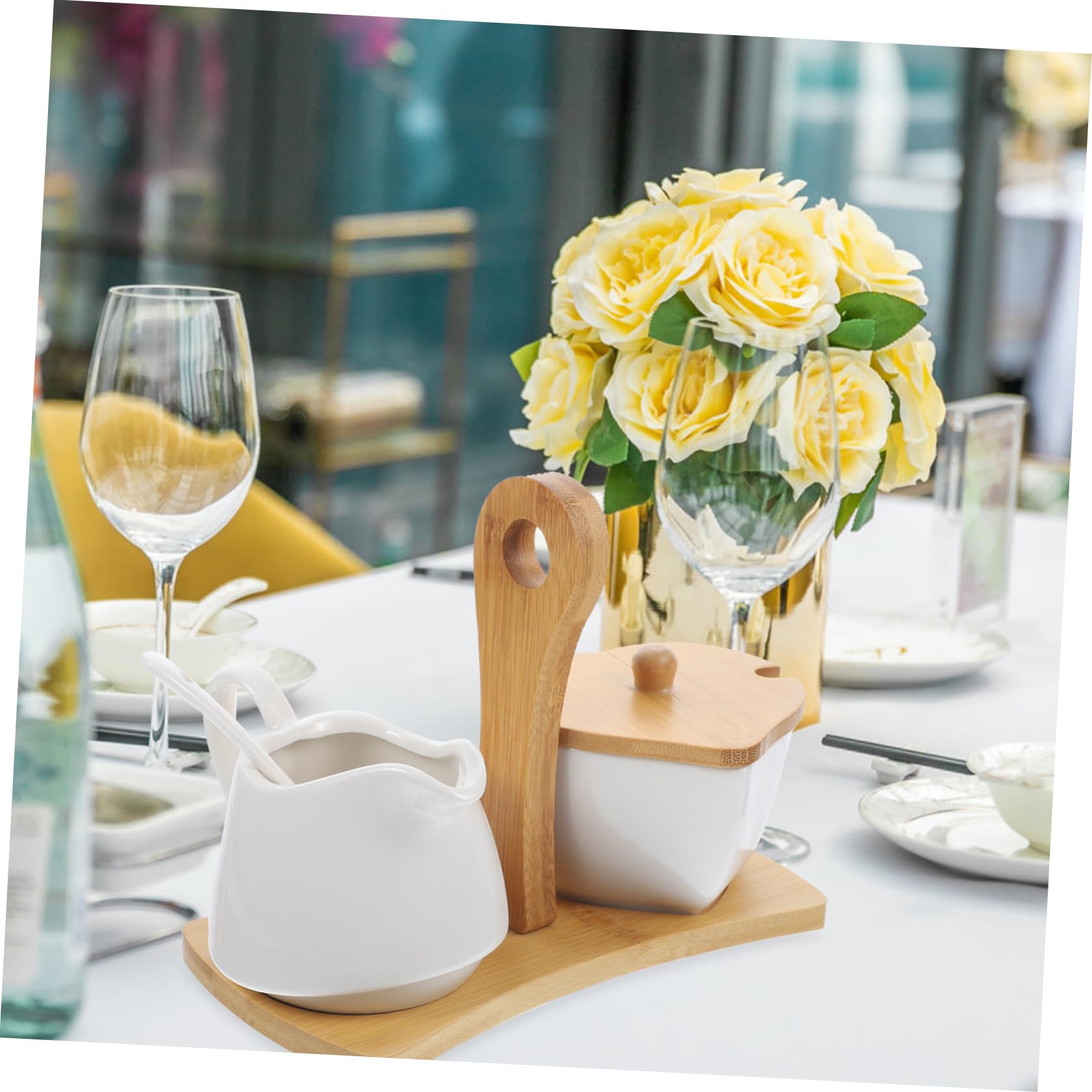 UKCOCO Azucarero y Jarra para Crema Cerámicos con Cucharilla y Bandeja de Bambú Juego para Simple y Elegante Material Cerámico Premium para Regalo y Decoración