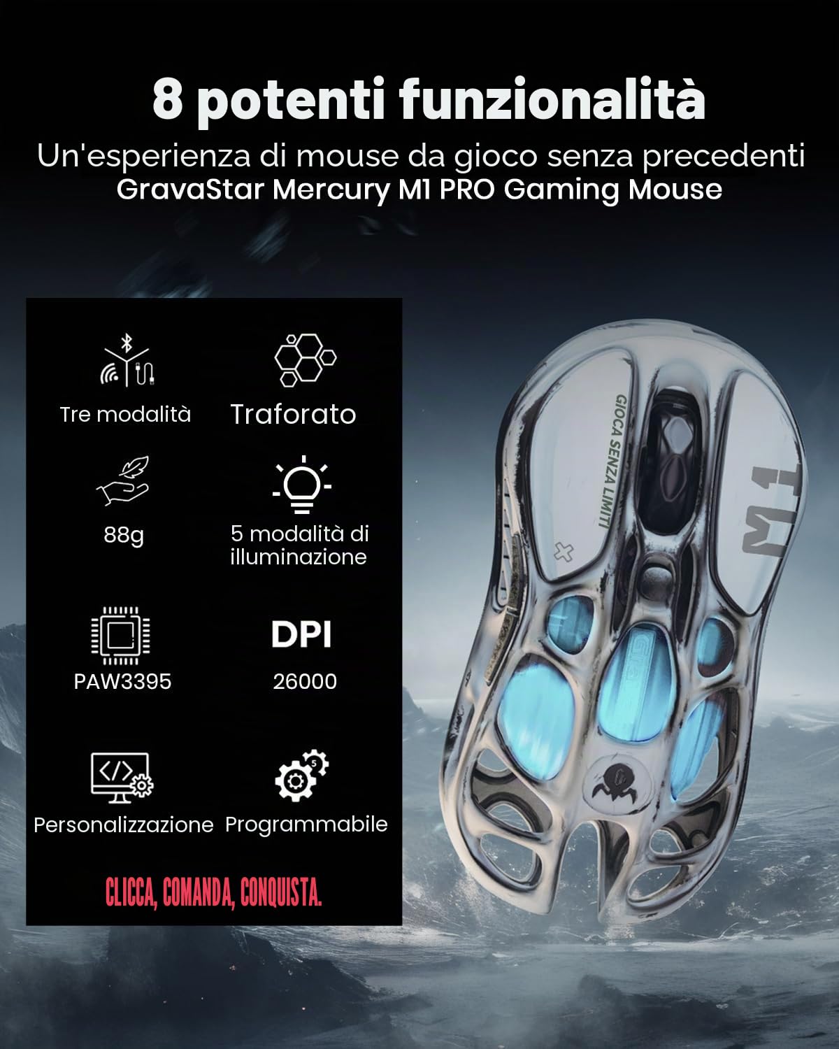 GravaStar Mercury M1 Pro Mouse Gaming Wireless, Magnesio, Misteia d'Argento | Mouse da Gioco Senza Fili Sensore PAW3395DM da 26.000 DPI, Tri-Mode (USB-C/2,4GHz/Bluetooth), 5 Pulsanti Programmabili e RGB