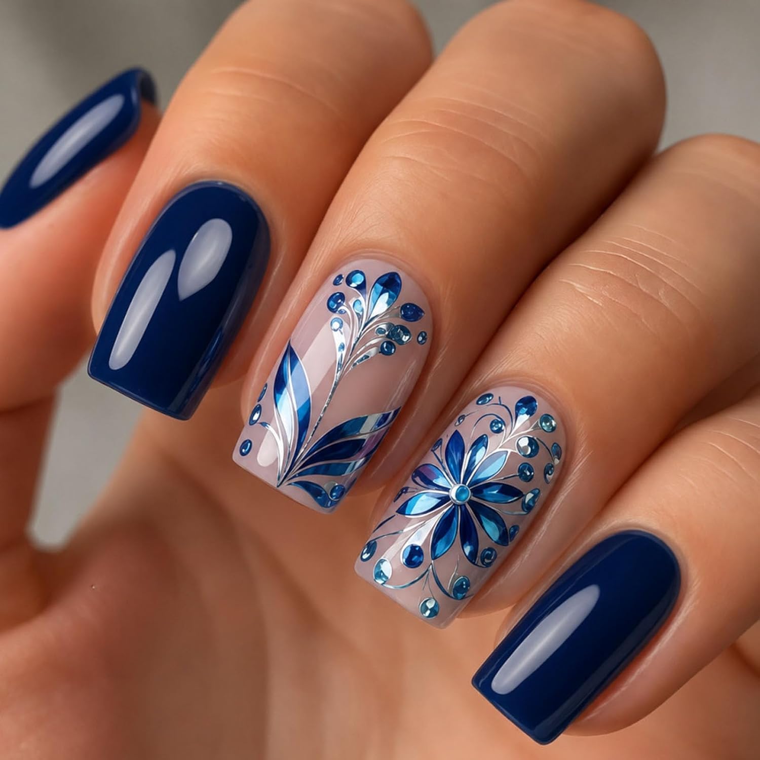 24Pcs Square Press on Nails Medium Fake Nails with Flower Designs Nails Press ons Dark Blue Glue on Nails Glossy Acrylic Nails Cute Artificial Nails Natural Stick on Nails for Women
