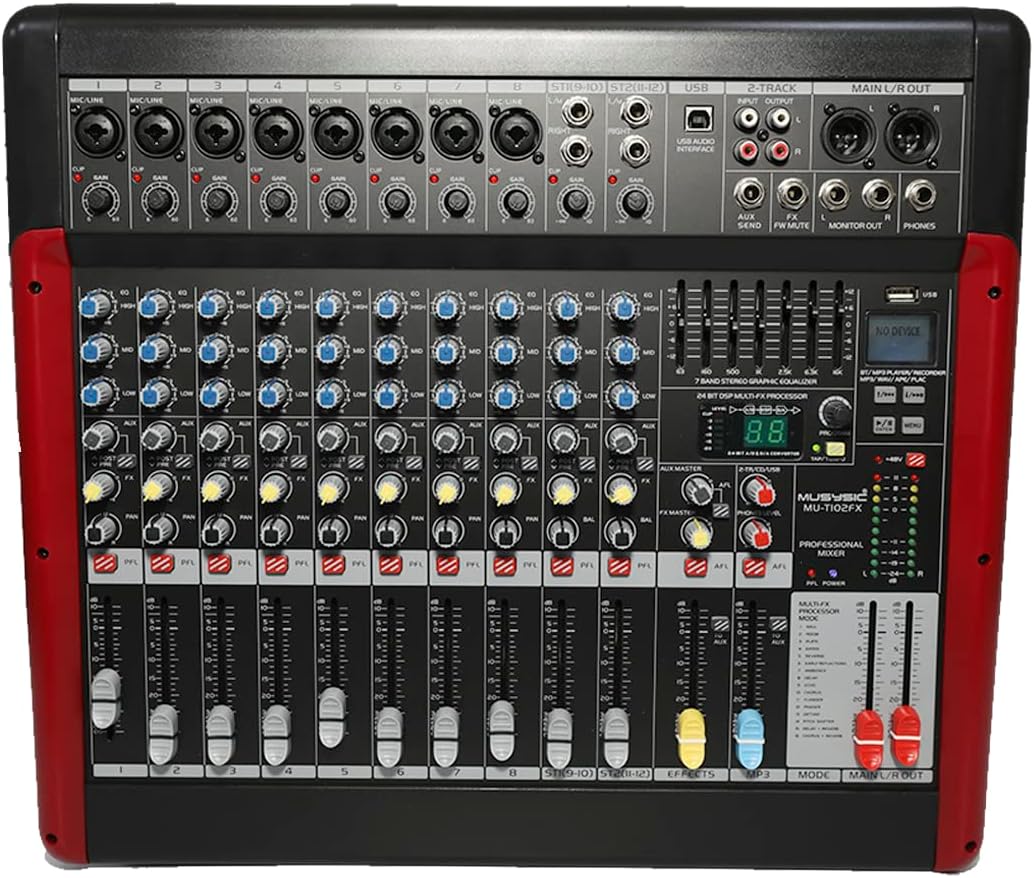 MUSYSIC Professional 12-Channel PA Audio Mixer with 24-Bit 99 FX DSP Effects, USB Audio Interface, Bluetooth, MP3 Recorder – 10 Mono + 2 Stereo Channels, 7-Band EQ for Church, Live Sound, Band, DJ