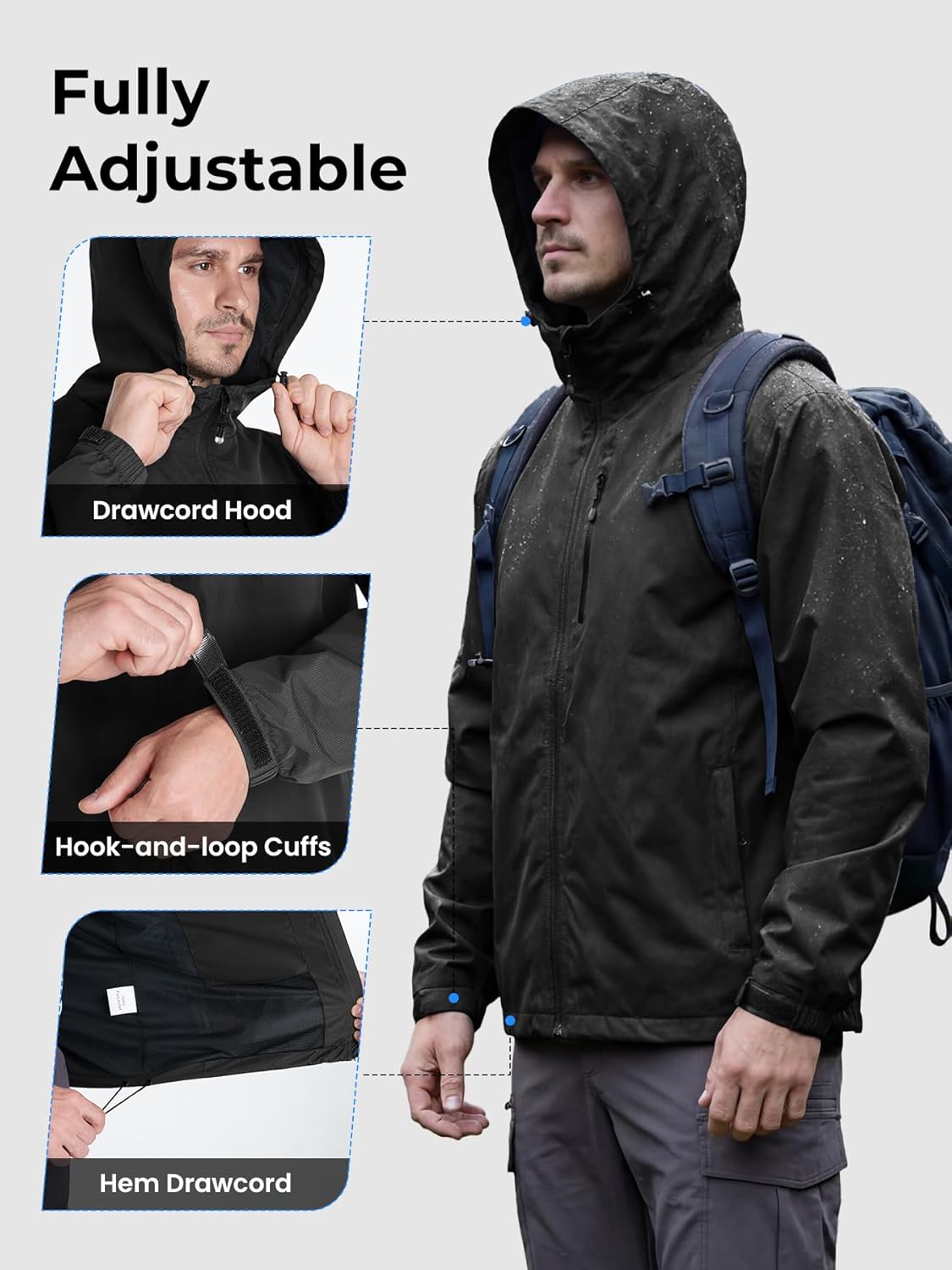 FRONTEND Packable Men's Rain Jacket Lightweight Waterproof Raincoat with Hood Running Hiking Windbreaker Jackets for Men