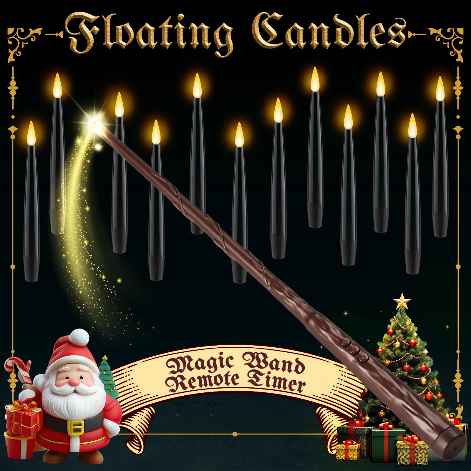 NURADA Floating Candles with Wand Remote Timer - Magic LED Hanging Flameless Taper Candles Flickering Battery Operated for Halloween Birthday Theme Party Holiday Home Window Decor - Black 12 Pack