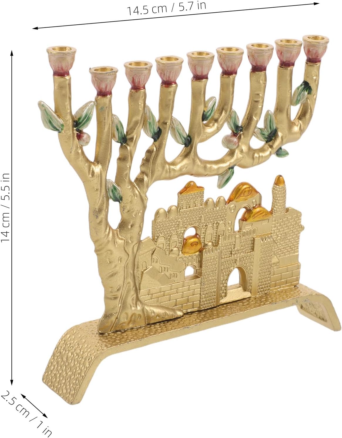 DECHOUS Jerusalem Judaica Candle Holder: 9 Branch Metal Menorah for Hanukkah - Jewish Holiday Decor - Elegant Religious Candelabra for Festive Gatherings