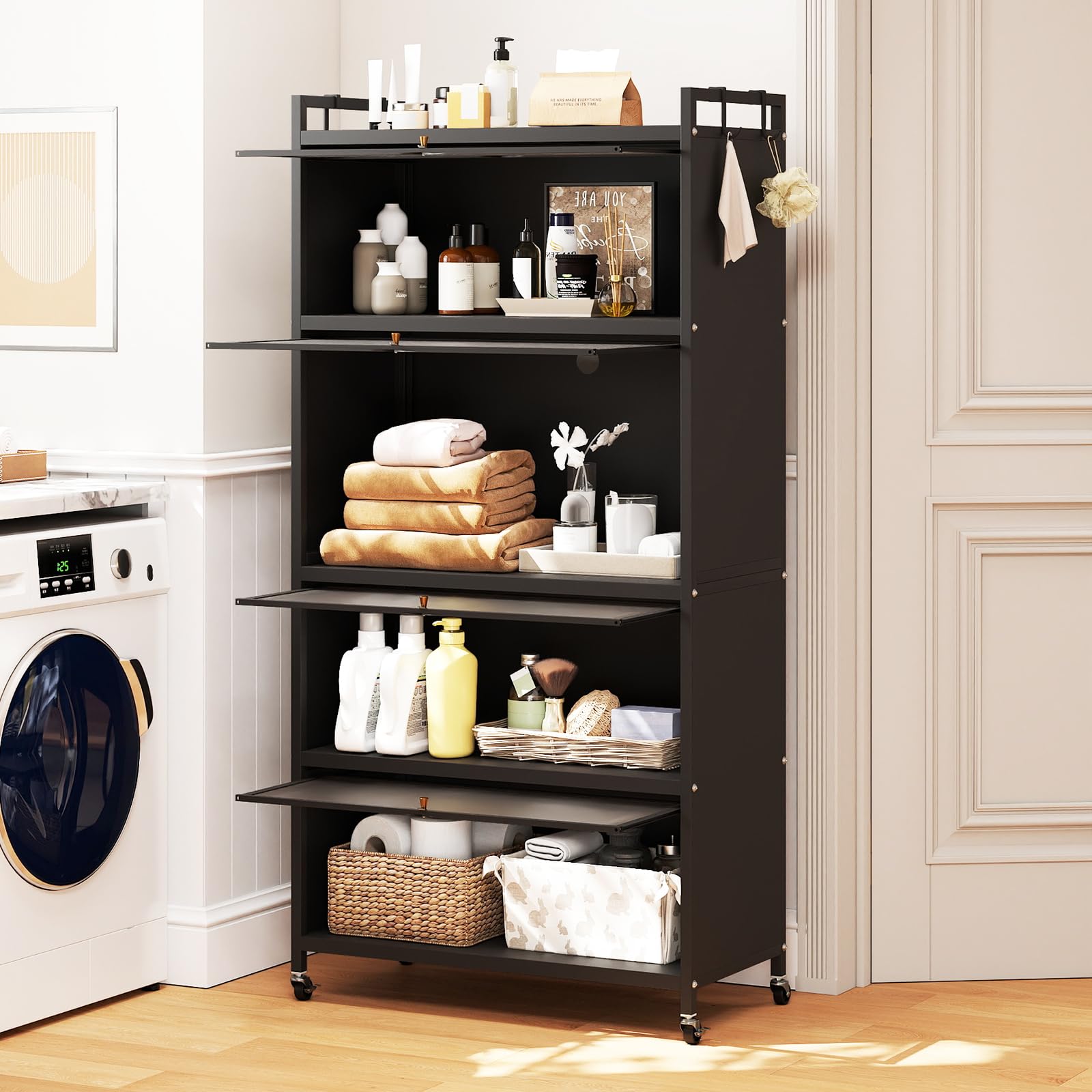 GIANTEX Aparador Buffet de Cocina con 4 Compartimentos, Armario de Metal con Puertas Abatibles, 4 Ganchos y 4 Ruedas y 4 Patas, Kit Antivuelco, 80,5x40x162cm, Estantería para Comedor, Salón (Negro)