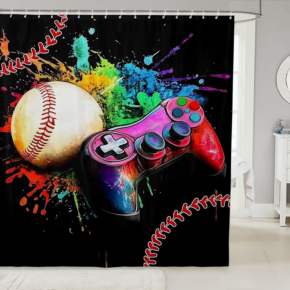 Ball Sports Game Tie Dyed Shower Curtain with Hooks,Kids Baseball Gaming Room Decor Bath Curtain,Baseball Gamepad Bathroom Accessories Waterproof Panel,72x 84 Inches