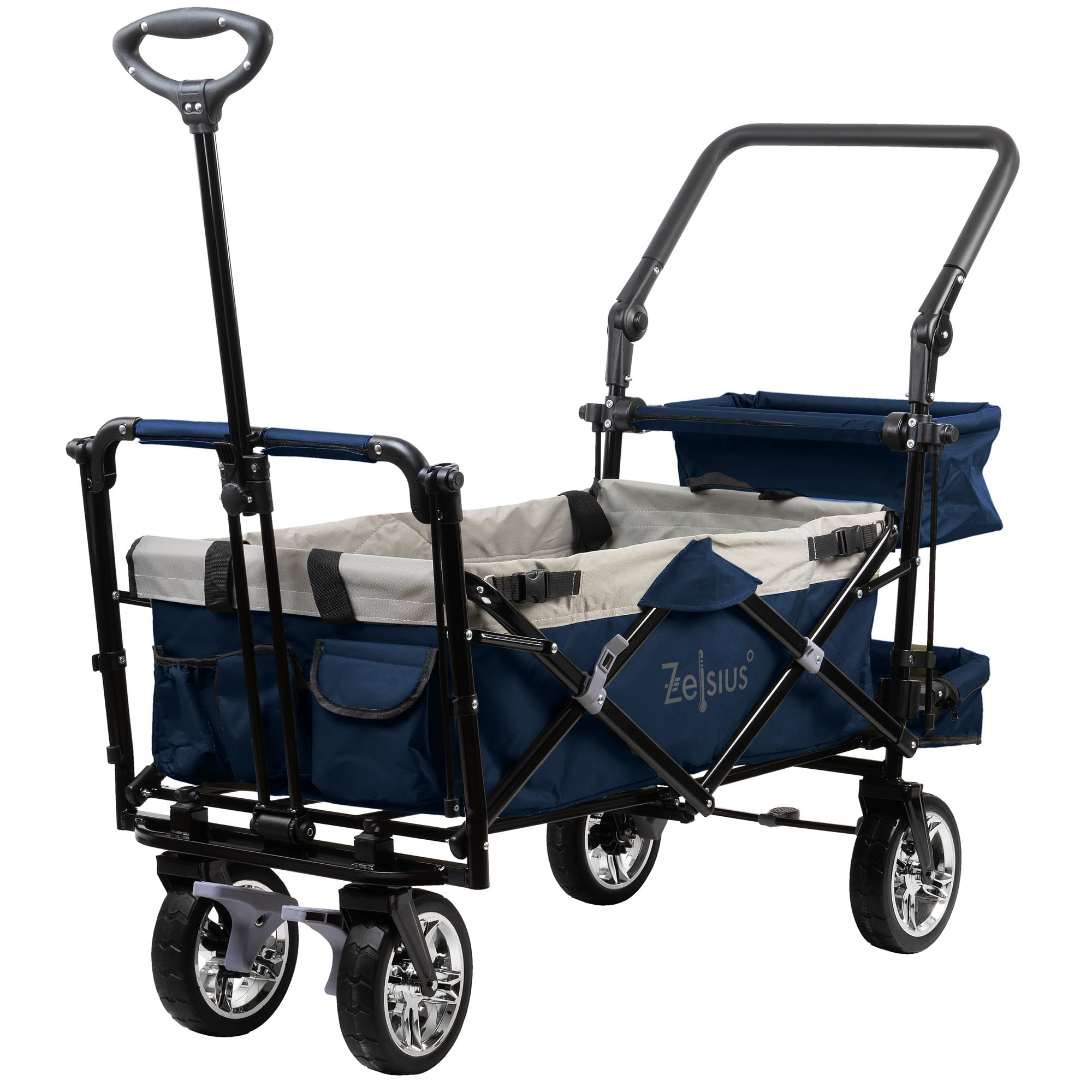 Zelsius Bollerwagen faltbar mit Dach | Blau/Grau | Transportwagen mit Gurtsystem | Handwagen, Klappbollerwagen, Gerätewagen | Faltbollerwagen klappbar, Gartenkarre mit Sonnendach, Transportkarre
