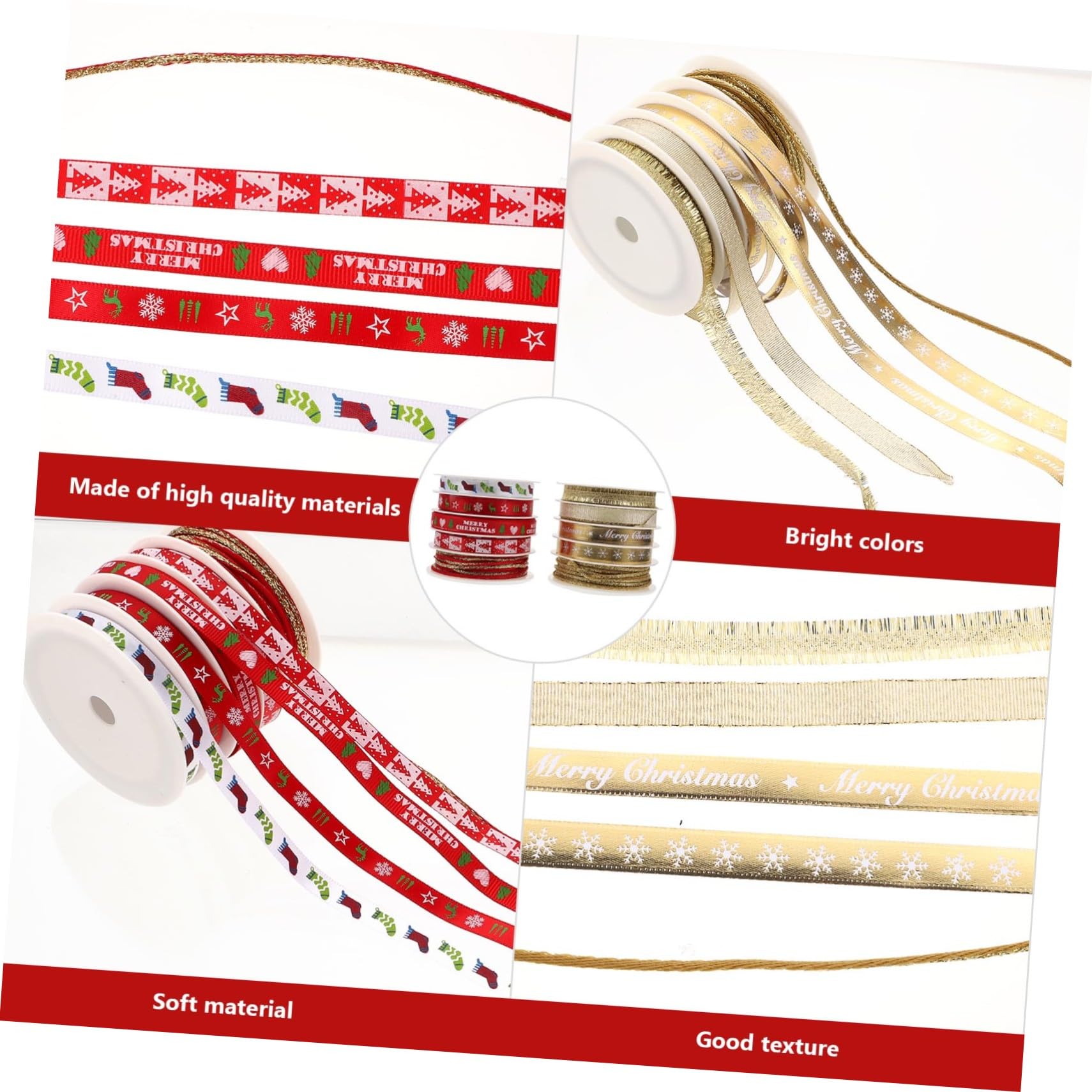 DOITOOL 12 Sätze Weihnachtsgeschenkbänder aus Langlebigem Polyester Bedruckte Geschenkverpackungsbänder in Rot und Gold Vielseitige Weihnachtsdeko für Baum Kranz und DIY Bastelprojekte