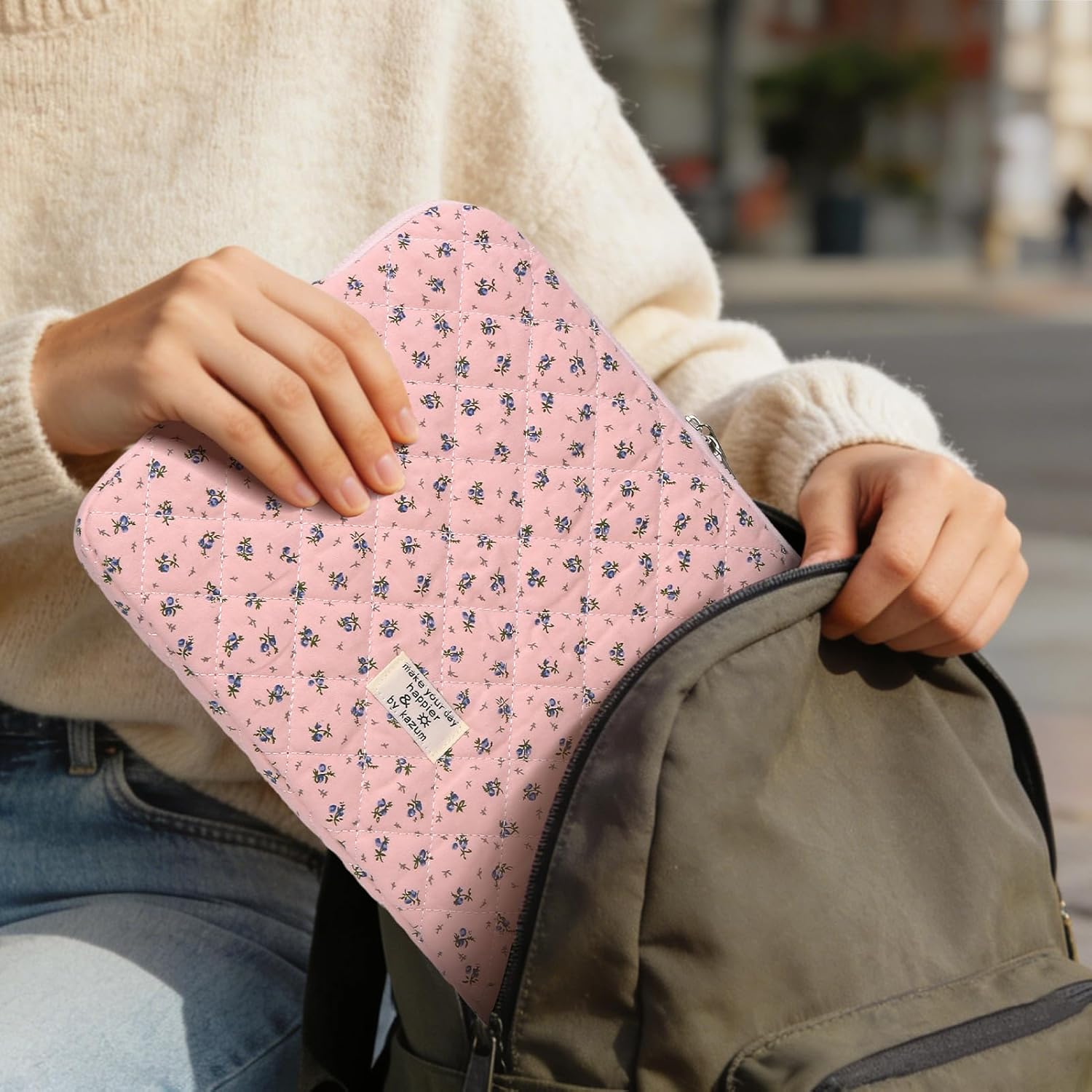 Puffy Laptop Sleeve Case Cute Computer Bag Flower Printed Quilted Laptop Carrying Cases Floral Pattern Protective Cover - Image 3