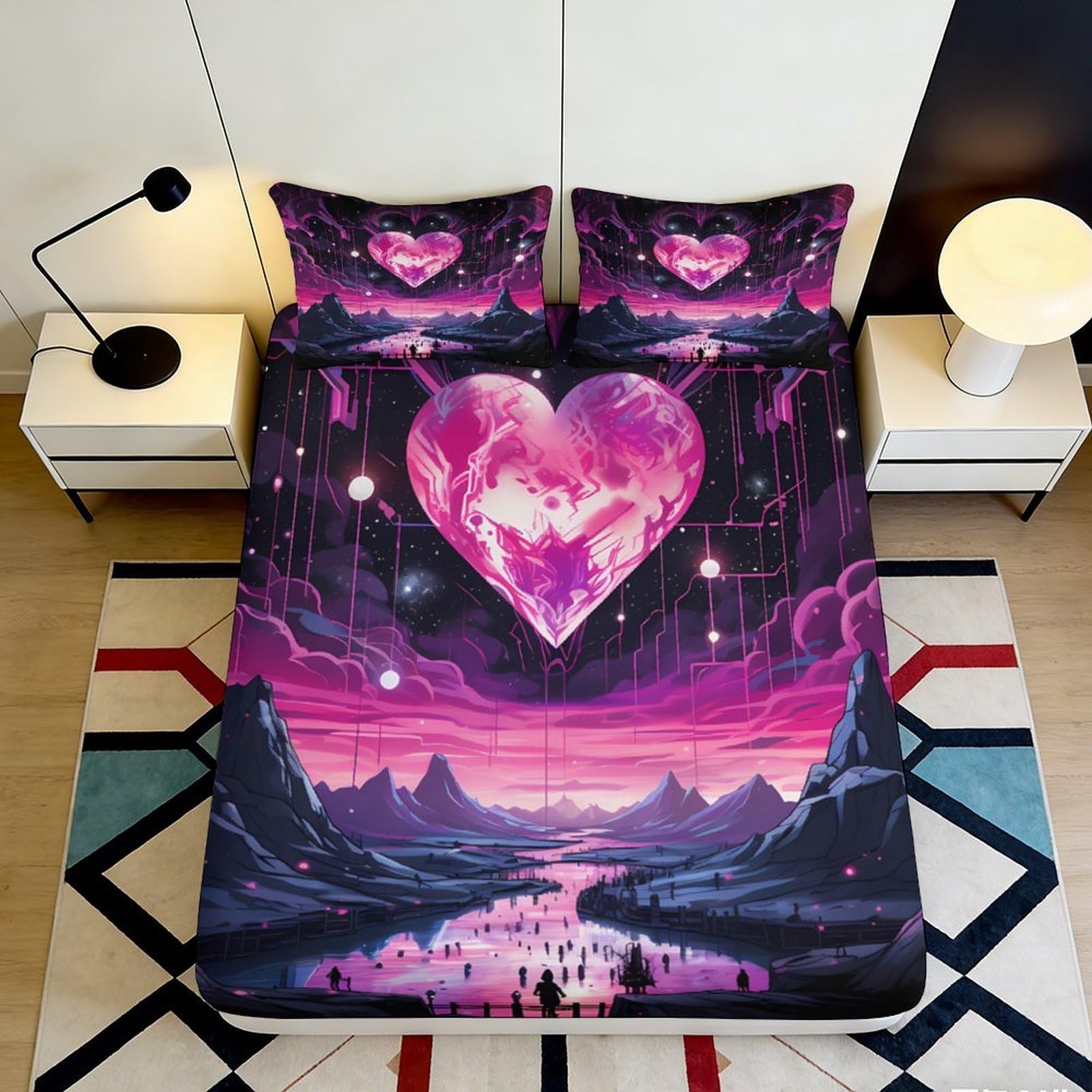 Pnayamiorkfel Style-1 3D Printed Neon Heart Landscape Fitted Sheet Microfiber Soft Washable Futuristic Valley Mattress Cover Bedroom Decor 90X200x25cm