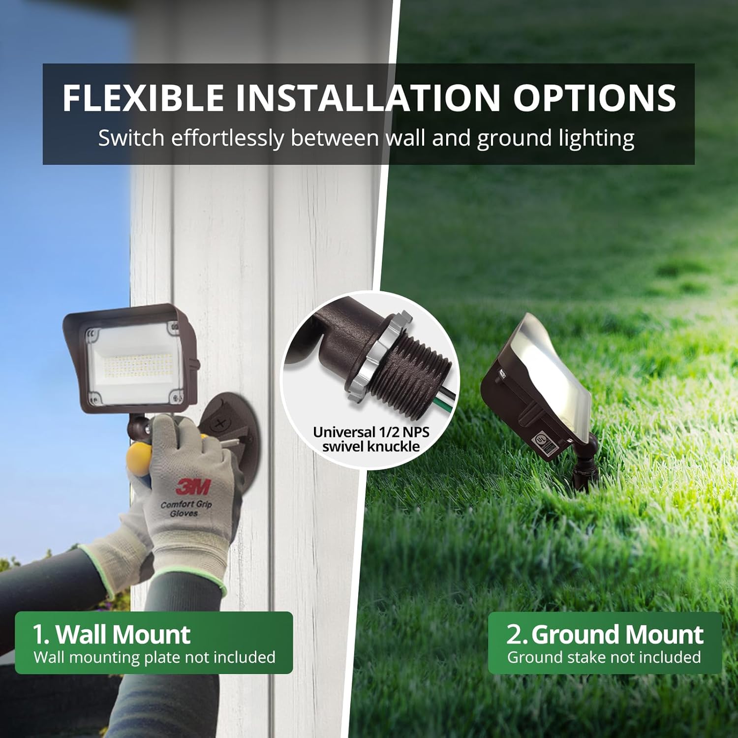 GKOLED 2-Pack 75W LED Flood Lights Outdoor, Dusk to Dawn Security Light, with Anti-Glare Guard, 120V 5000K 8,250LM Waterproof Landscape Lighting, Aluminum, 1/2" Knuckle Mount, UL Listed