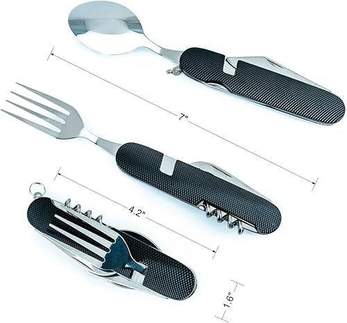 Miniatura 8 de Cluck Utensilios de cubiertos multifunción 6 en 1 para acampar, cuchillos plegables, kits de bolsillo desmontables con bolsa de transporte (dorado +