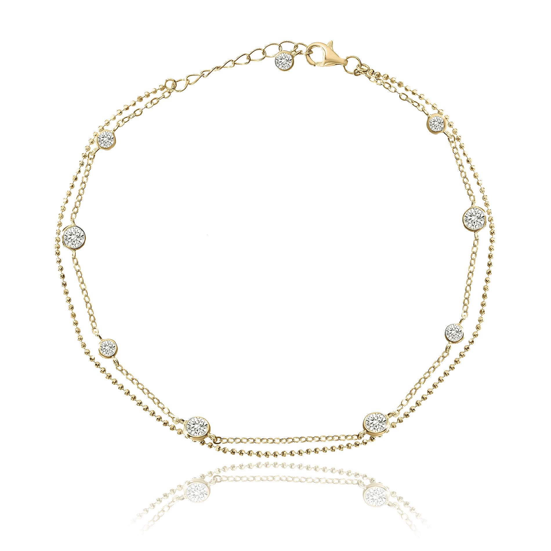 Sterling Silver 10 Inch Cubic Zirconia Bezel Set Double Layered CZ by the Yard Station Anklet for Women