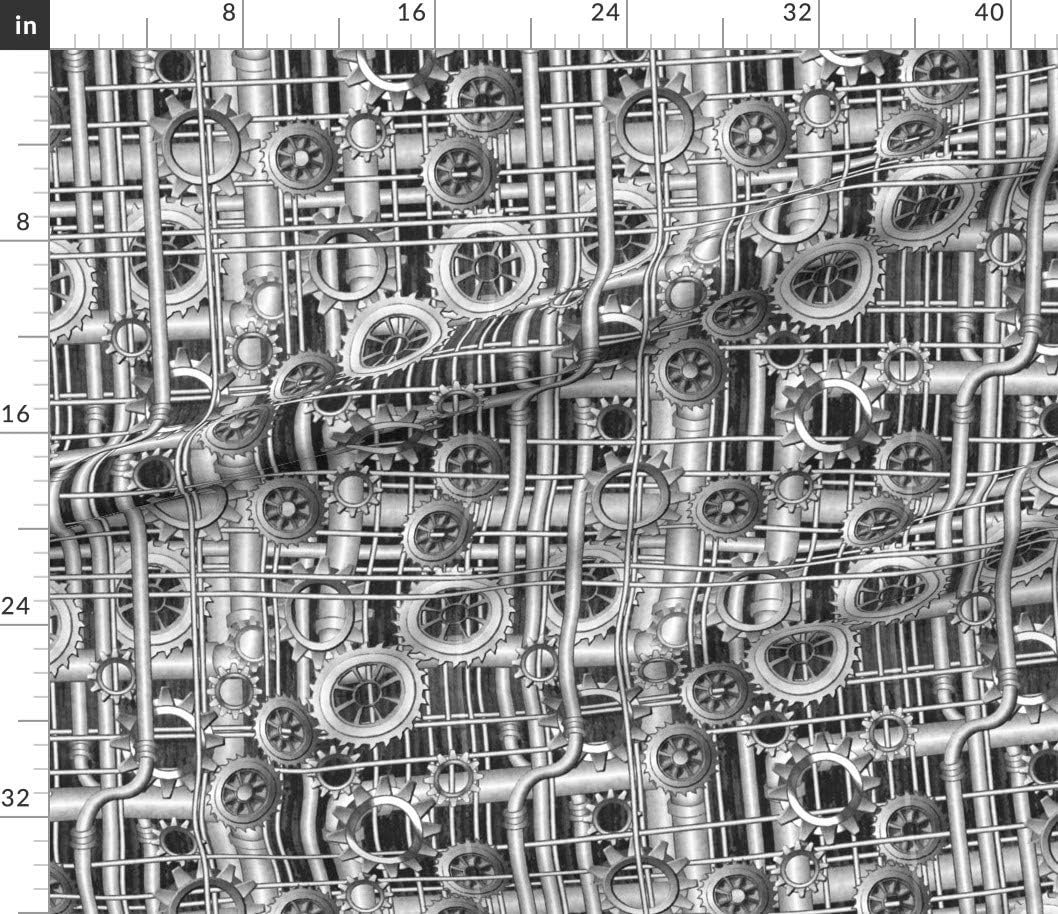 Spoonflower Fabric - Steampunk Pipes Gears Grayscale Silver Printed on Petal Signature Cotton Fabric by The Yard - Sewing Quilting Apparel Crafts Decor